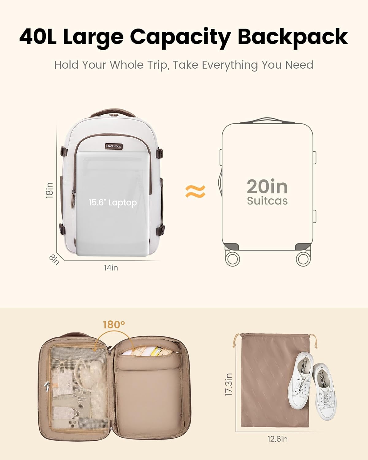 LOVEVOOK 40L Travel Backpack for Women, Airline Approved Carry On Luggage, TSA Personal Item Bag fits 15.6 Inch Laptop, Waterproof Weekender Overnight Suitcase for Work - Image 6