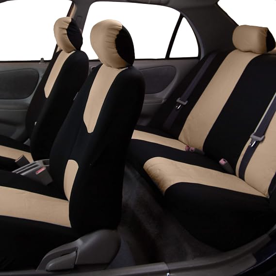TLH Flat Cloth Beige Seat Covers 3 Row 7 Seaters w/Steering Wheel Cover and Seat Belt Pads Combo- Automotive Seat Covers, Interior Accessories Car Seat Protector for Cars, Auto, Trucks, SUV