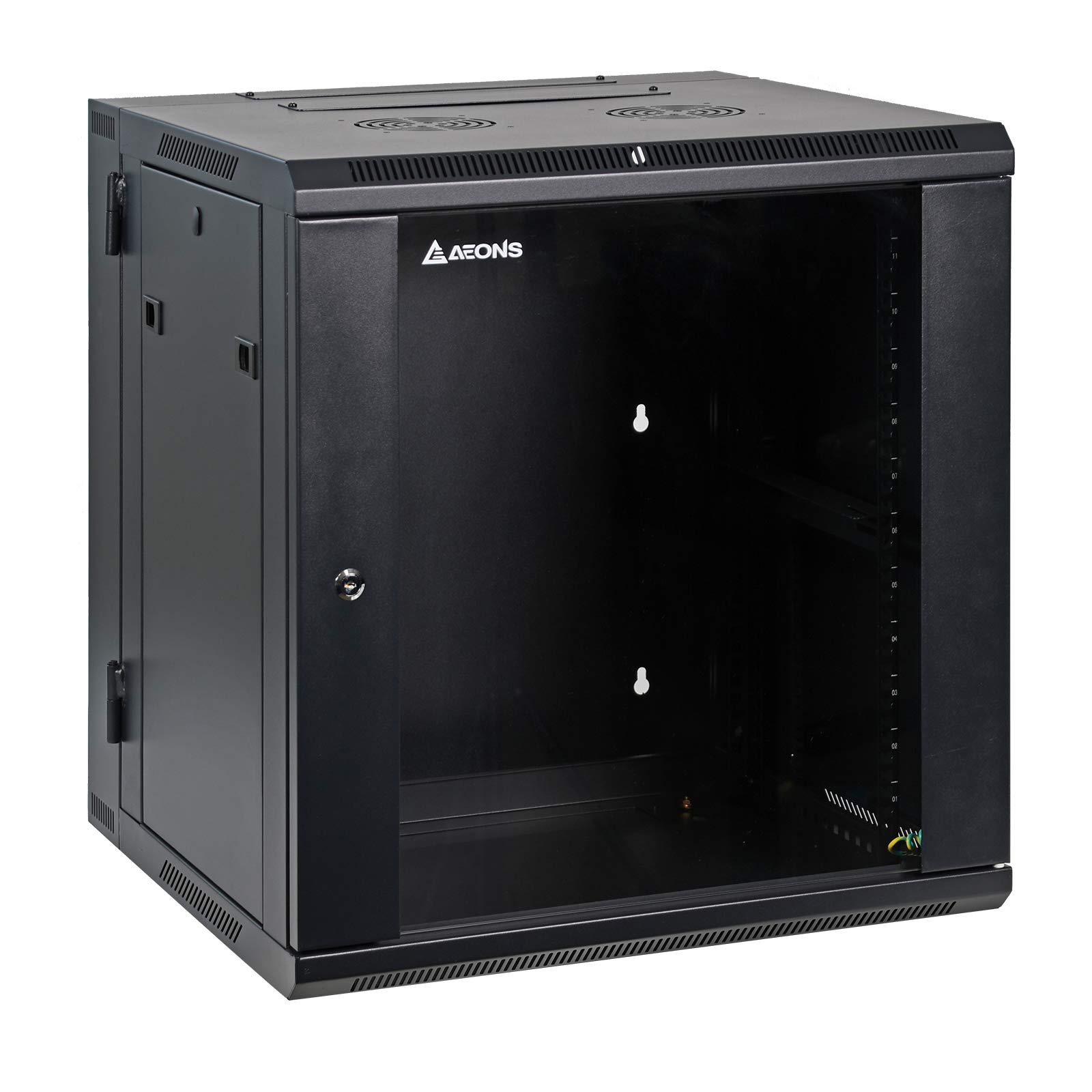 AEONS 12U Professional Wall Mount Server Cabinet Enclosure Double Section Hinged Swing Out 19-Inch Server Network Rack Locking Glass Door 22-Inches Deep Black (Fully Assembled)