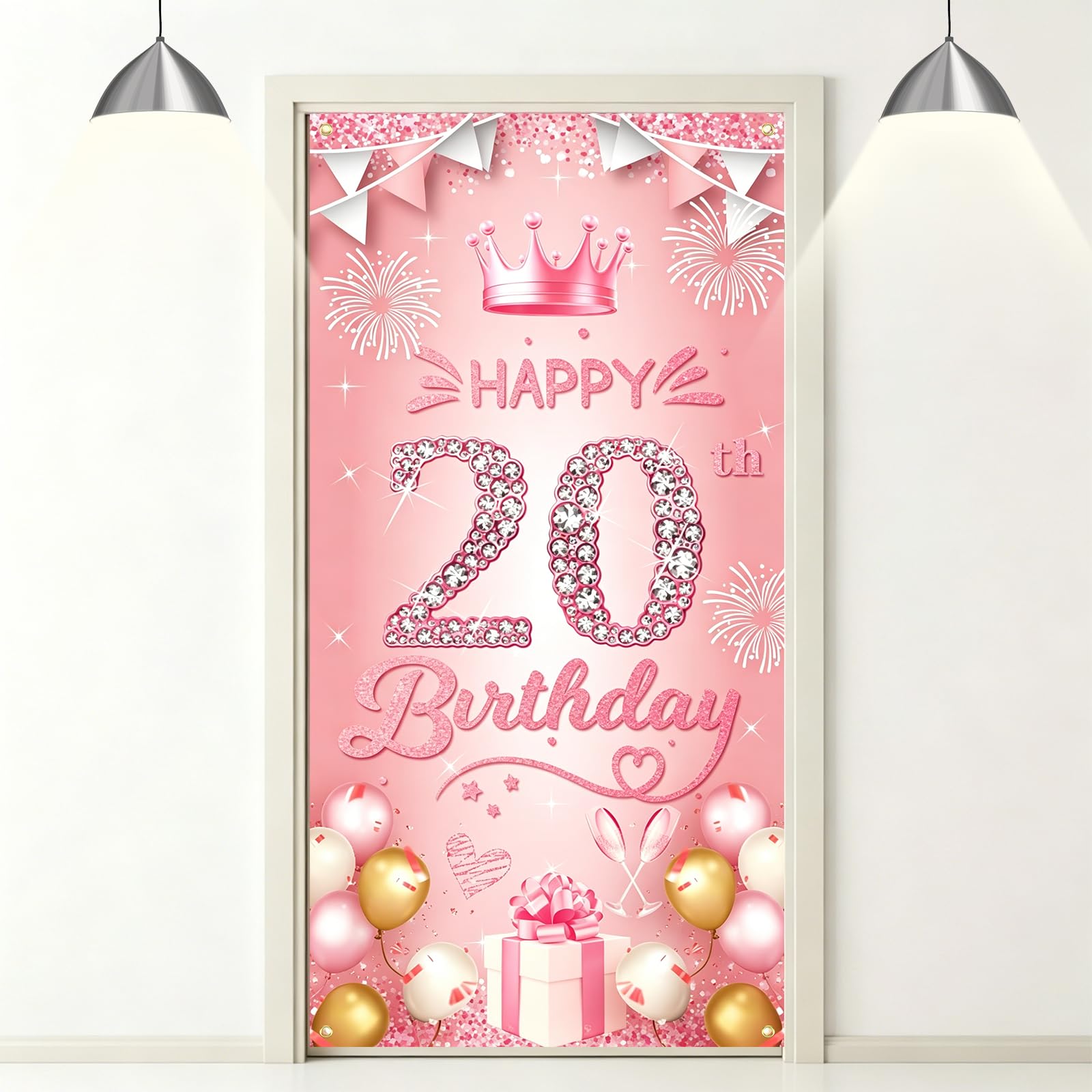 20th Birthday Door Banner, Pink Gold Birthday Door Porch Decoration, Birthday Party Background Decorations Sign Poster Photo Background Large Size (180 x 90 cm)