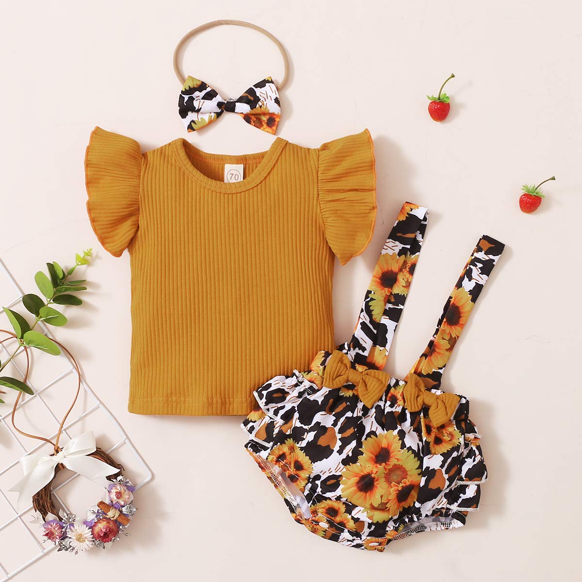 Newborn Baby Girls Short Sleeve Ribbed Ruffle T-Shirt and Floral Suspender Shorts Outfit with Headband (3-6 Months, Khaki)