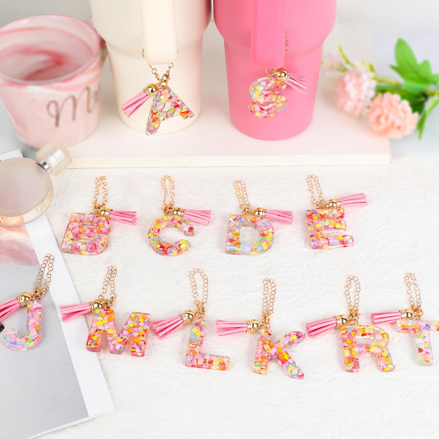 Letter Charms for Stanley Cup Accessories, Cute Initial Pink Keychain Handle Charm for Stanley Tumbler for Women - Image 6