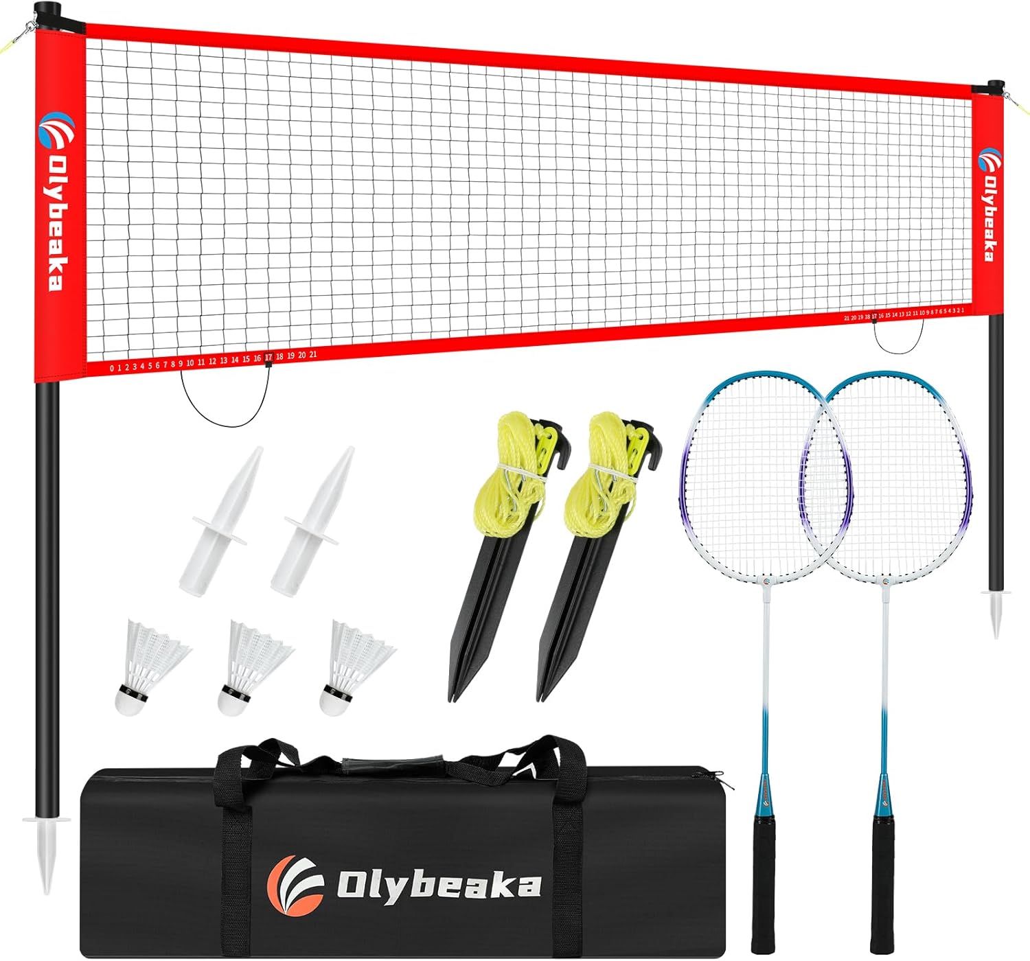 12FT Space-Saving Badminton Net Set - Durable Anti-Sag Net, Heavy Duty Poles, 2 Lightweight Rackets, 3 Shuttlecocks, Easy-Carry Bag - Stable for Backyard/Indoor/Beach