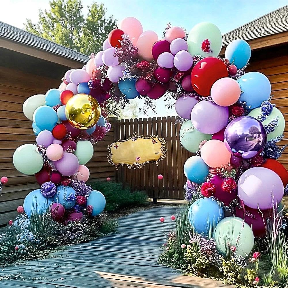 Pink Blue Purple Balloon Arch, Double Stuffed Red Blue Purple Gold Balloons Pastel Balloon Garland Kit for Christmas Winter Birthday Baby Shower Princess Fairy Tea Party Decorations