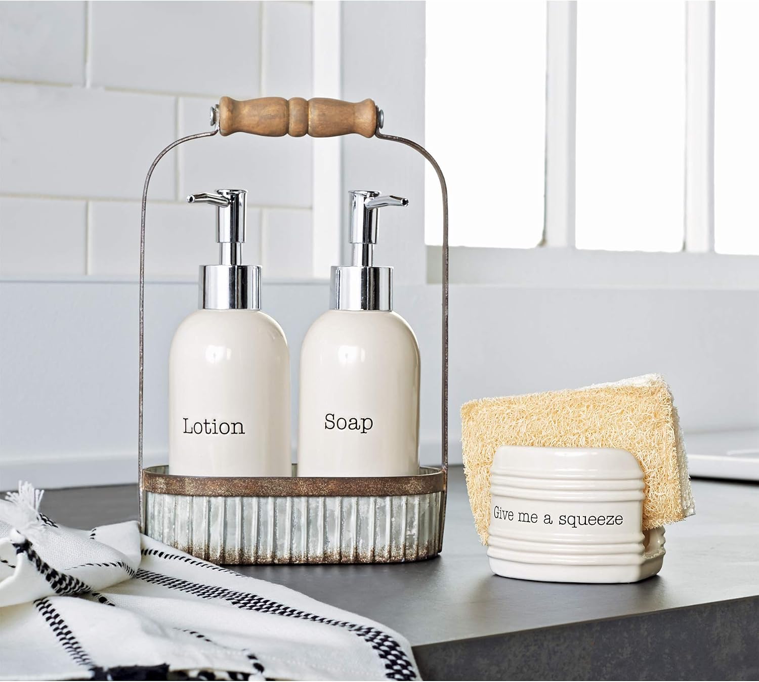 Mud Pie Farmhouse Inspired Lotion Caddy Soap Pump Set, White
