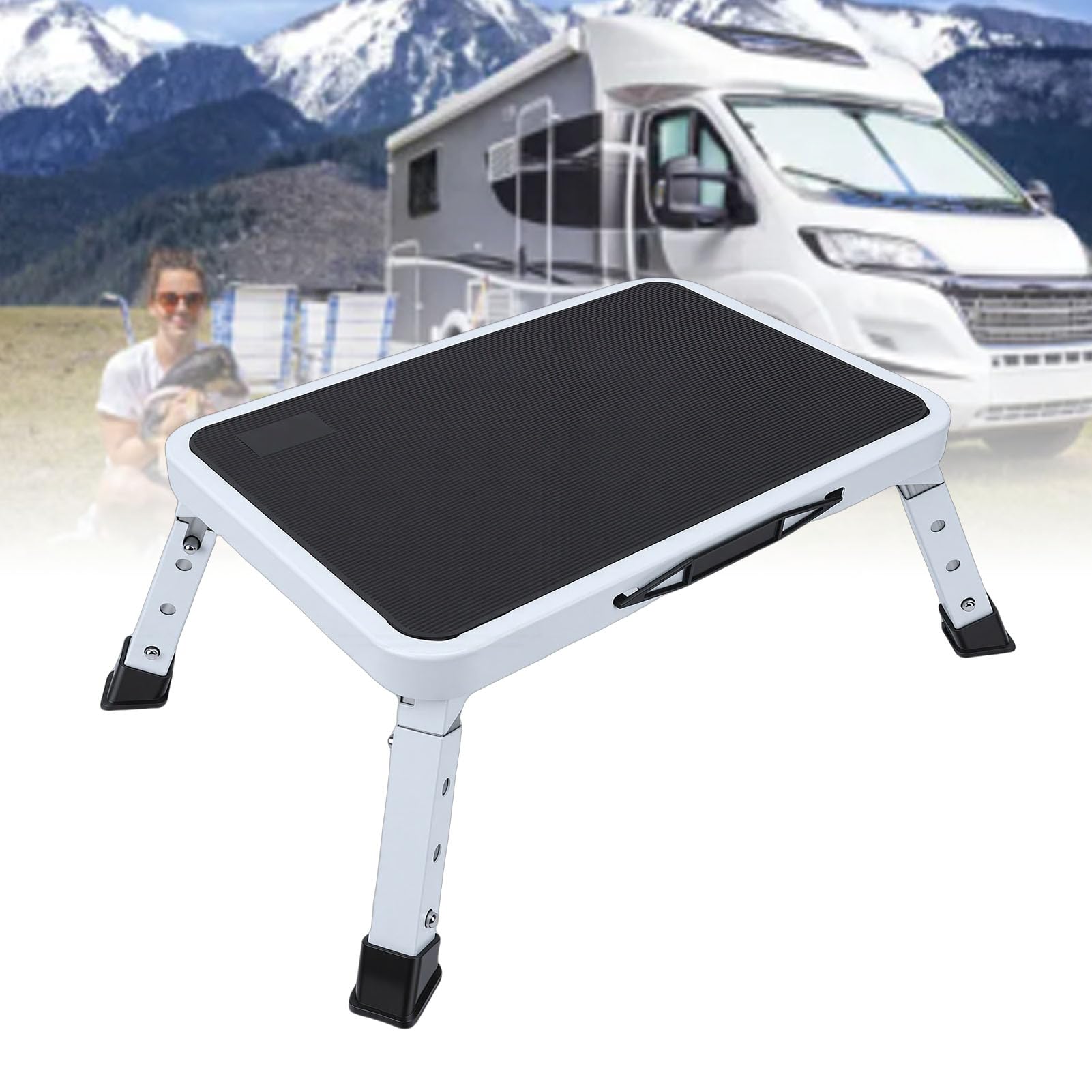 Focket Klappbarer Tritthocker, 3 Gänge Höhenverstellbar, 150 Kg Belastbar, Wohnmobil-Tritthocker, Klappbare Plattform, Sicherheits-RV-Stufen mit Rutschfester Plattform