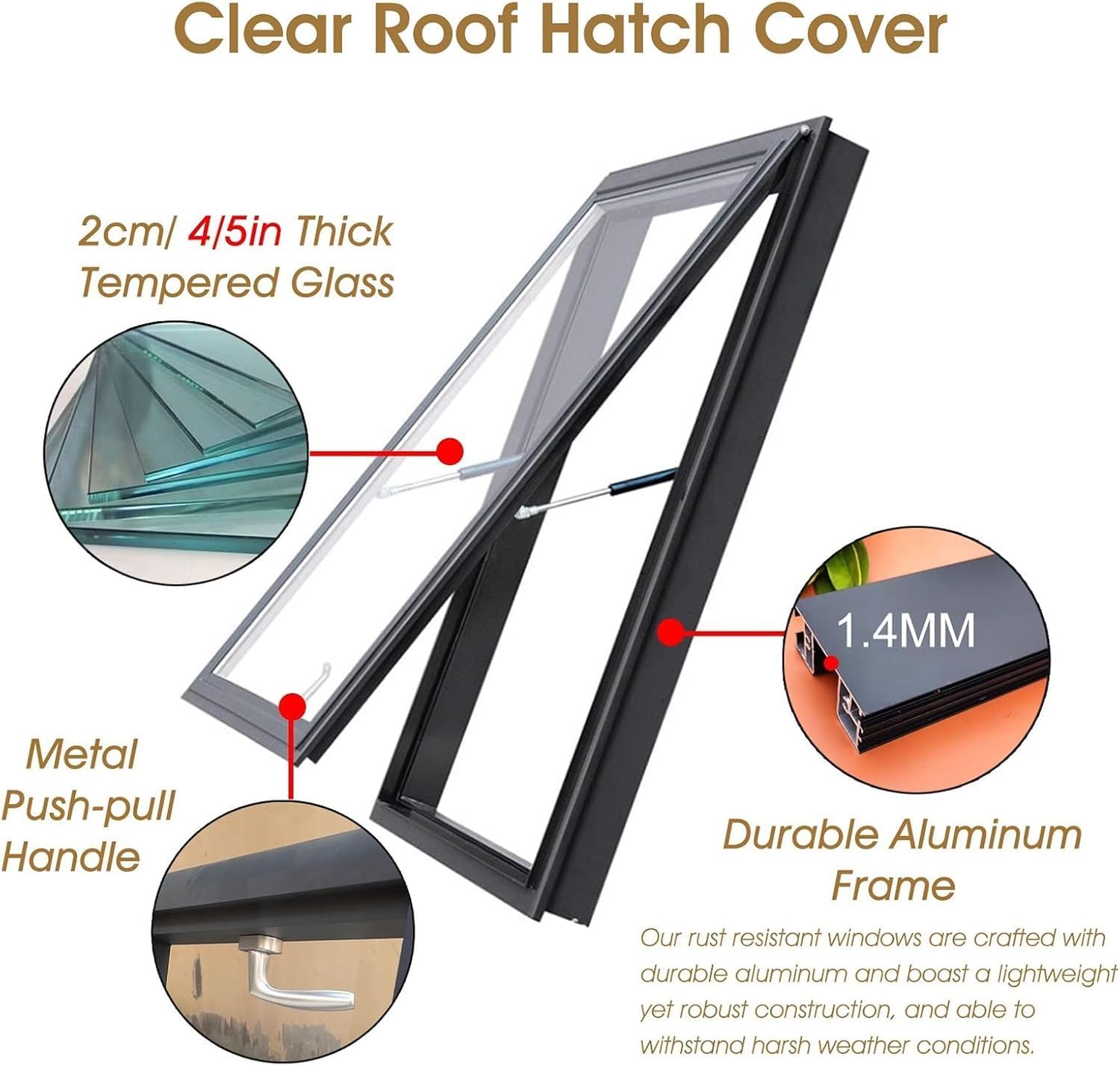 Manual Venting Skylight with Double-Layer Tempered Glass - Roof Window for Sloped & Flat Roofs, Attic, Sun Room - Egress, Lighting Well Deck Installation(Size:95x65cm/37.4x25.6in)