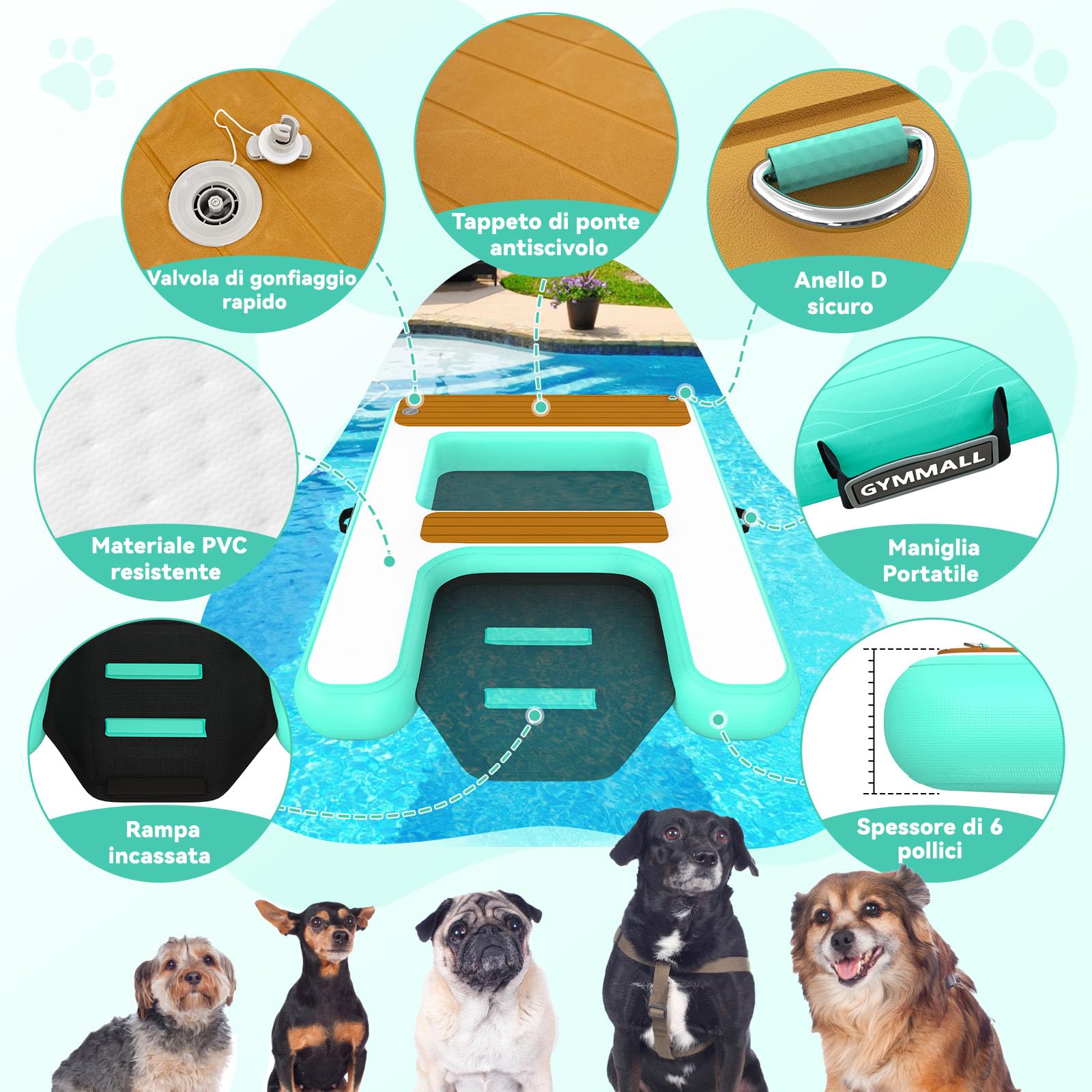 Rampa per Cani per Accesso all'Acqua Ottimizzata 170 x 120 cm, 2 in 1 Piattaforma Acquatica Gonfiabile per Cani, Portata Fino a 150 kg, Adatta per Pontili, Barche e Piscine