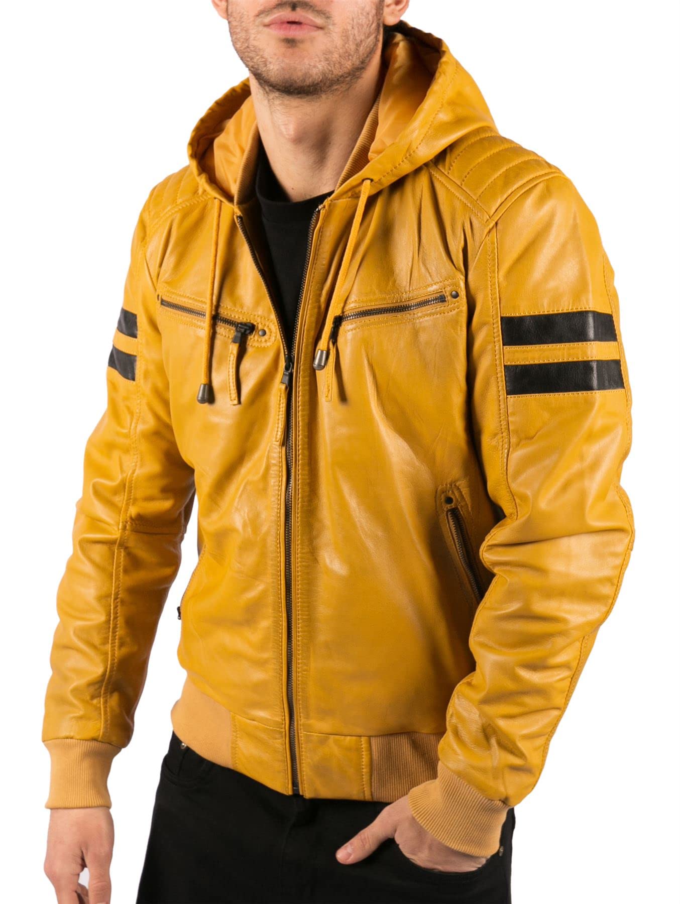 Truclothing Men's Yellow Bomber Jacket Outwear Windproof Winter Real Leather Jackets Coat Quilted Hood - M