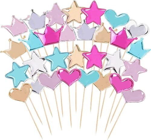 ZIQON 30 adornos coloridos para cupcakes con forma de corazón y estrella, decoración de fiesta para cumpleaños y baby shower (fresco)