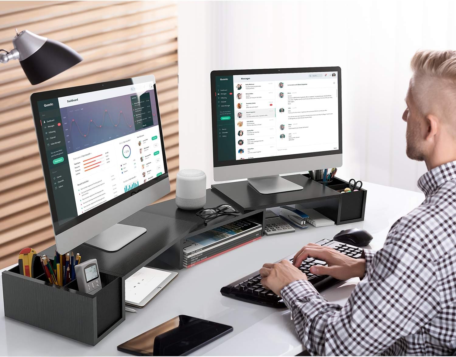 LORYERGO Dual Monitor Stand Riser - 3 Shelf Screen Laptop Stand with Storage Accessories Slots, Length and Angle Adjustable Desktop Stand Storage Organizer for Computer, Laptop – LEMS13 : Electronics