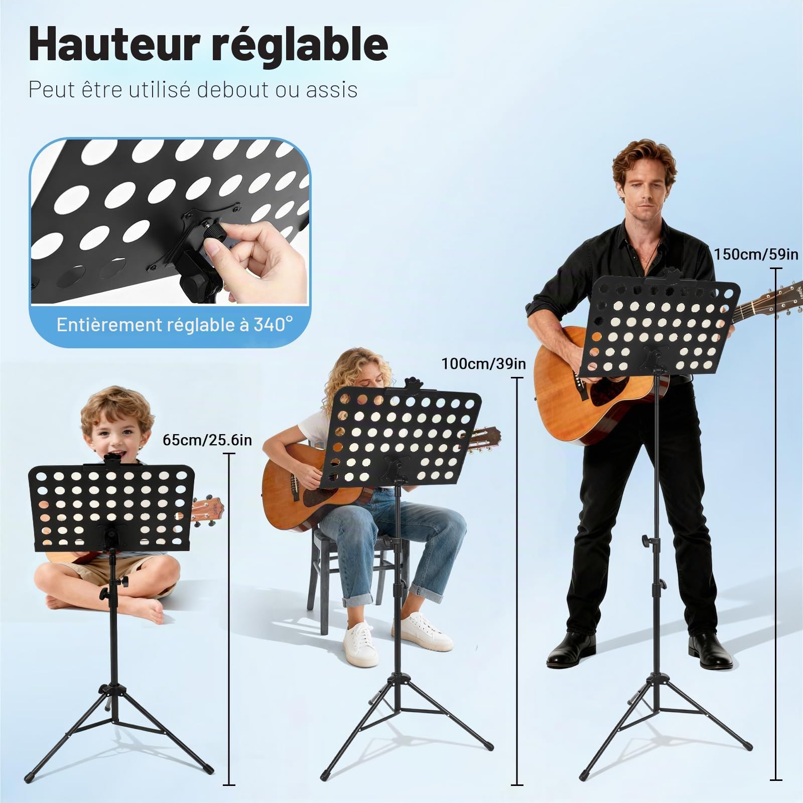 Pupitre de Musique 2 en 1 - Support Partitions et Pupitre de Table, Pliable, Léger, Portable et Hauteur Réglable avec Sac de Transport Idéal pour la Batterie, l'orchestre et Autres Spectacles Musicaux