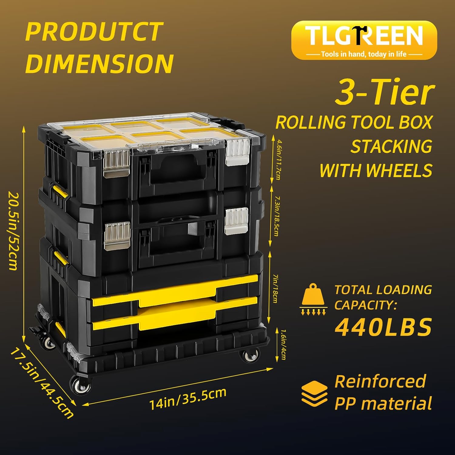 TLGREEN Stackable Rolling Tool Box with Wheels – 3 Tier Modular Tool Organizer System, Portable Tool Box with Drawers for Garage Storage, Home Repairs & Professional Workshop