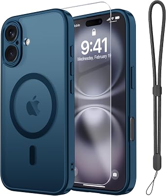 Janmitta Magnetic Case for iPhone 16 Case with Screen Protector+Wrist Strap | Compatible with MagSafe,Full Camera Protection,Slim Translucent Matte Phone Cover,Deep Blue