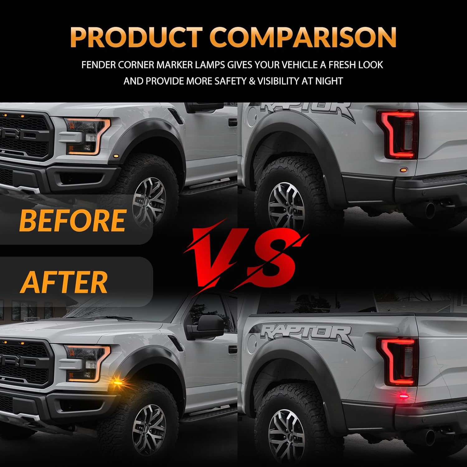 LED Fender Side Marker Lights For 2016-2020 Ford F150 SVT Raptor Front Rear Bumper Flare Lamps Smoked Len (Amber Red)