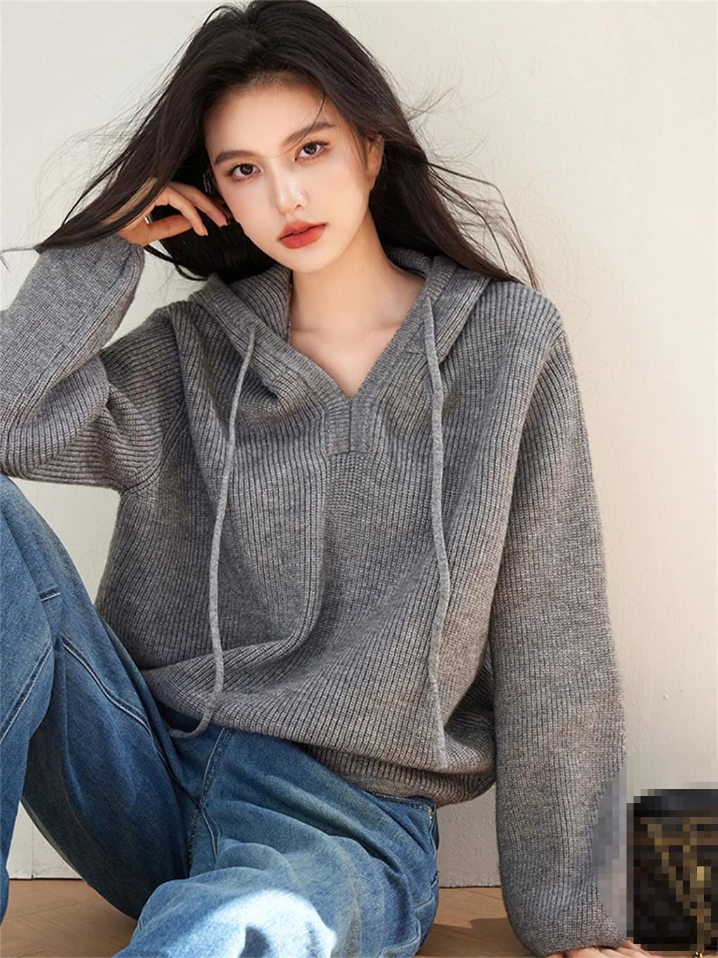 Damski sweter z kapturem leniwy styl luźny styl chłopaka dzianinowy top jednolity kolor sweter z długim rękawem