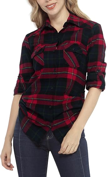 Match Button Down Shirts for Women, Flannel Plaid Shirts, Regular-Fit