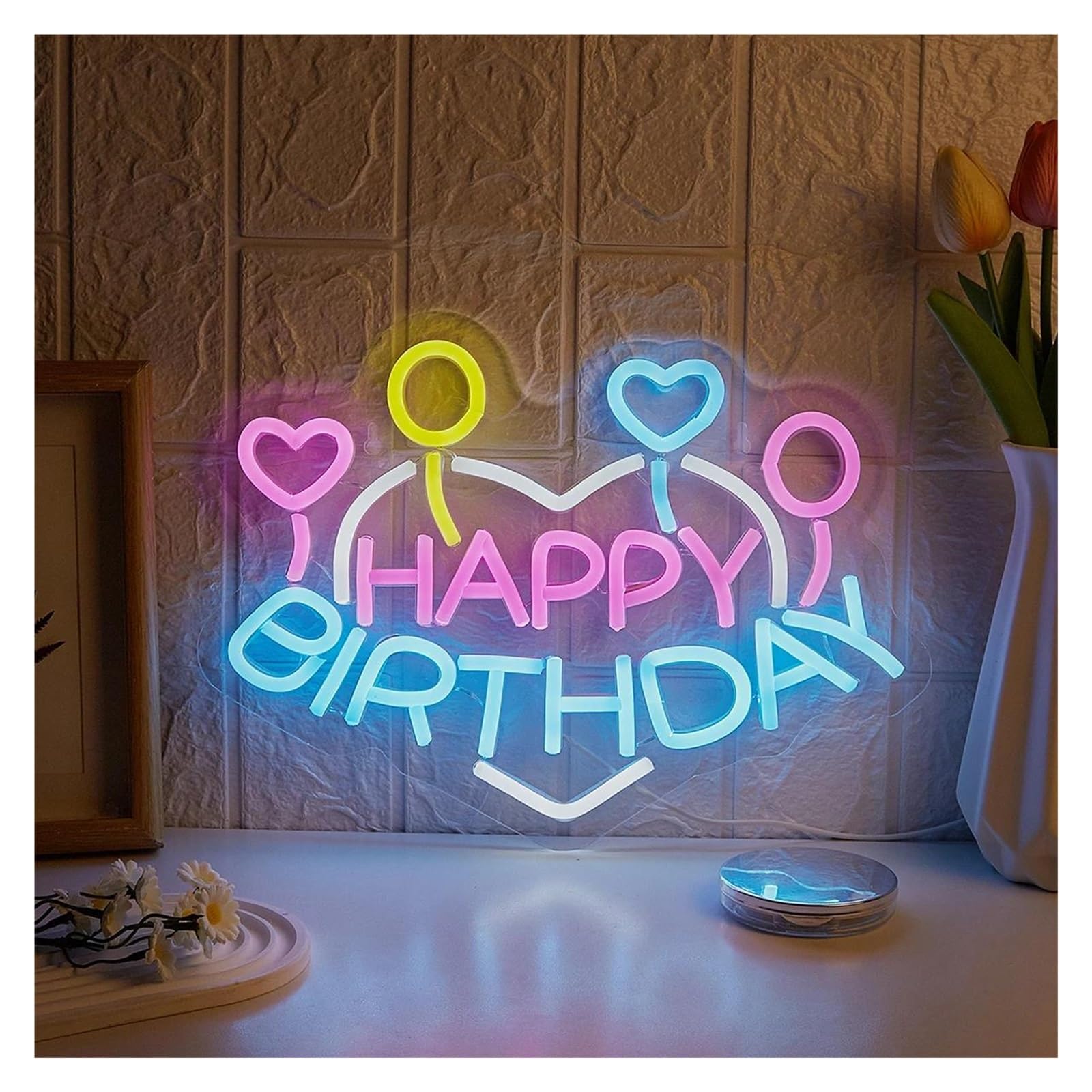 Decoración Lámparas Letreros De Neón Con Forma De Corazón De Feliz Cumpleaños, Luz LED De Noche Alimentada Por USB Para Decoración De Pared De Fiestas, Lámpara De 23cmx33.7cm