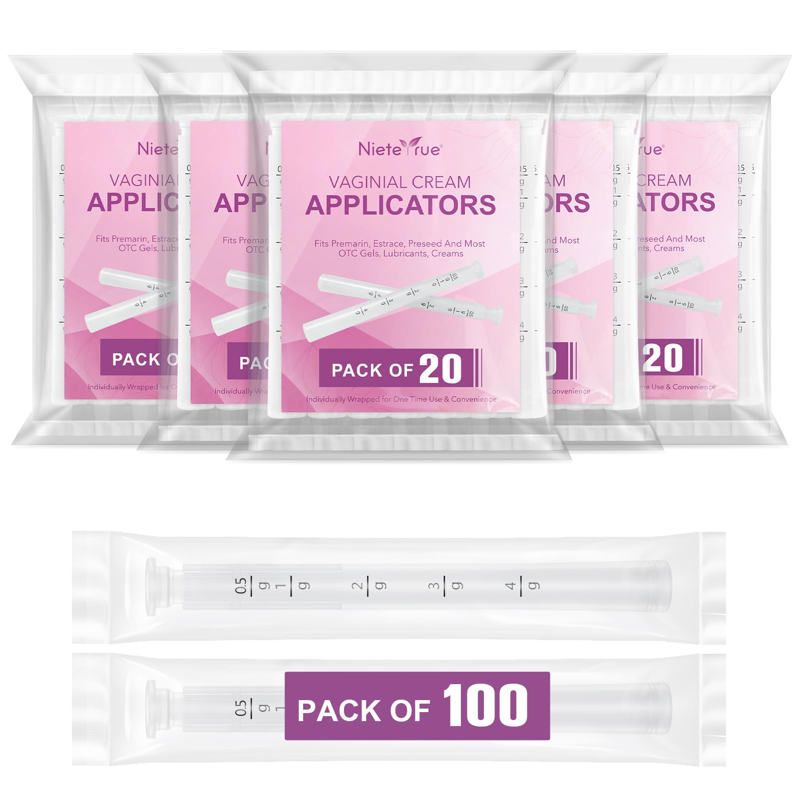 Disposable Vaginal Applicators – Updated with Dosage Markings, Individually Wrapped for Hygiene, Fits Most Lubricants, Creams &amp; Gels, Feminine Care Essentials (100 Pack)