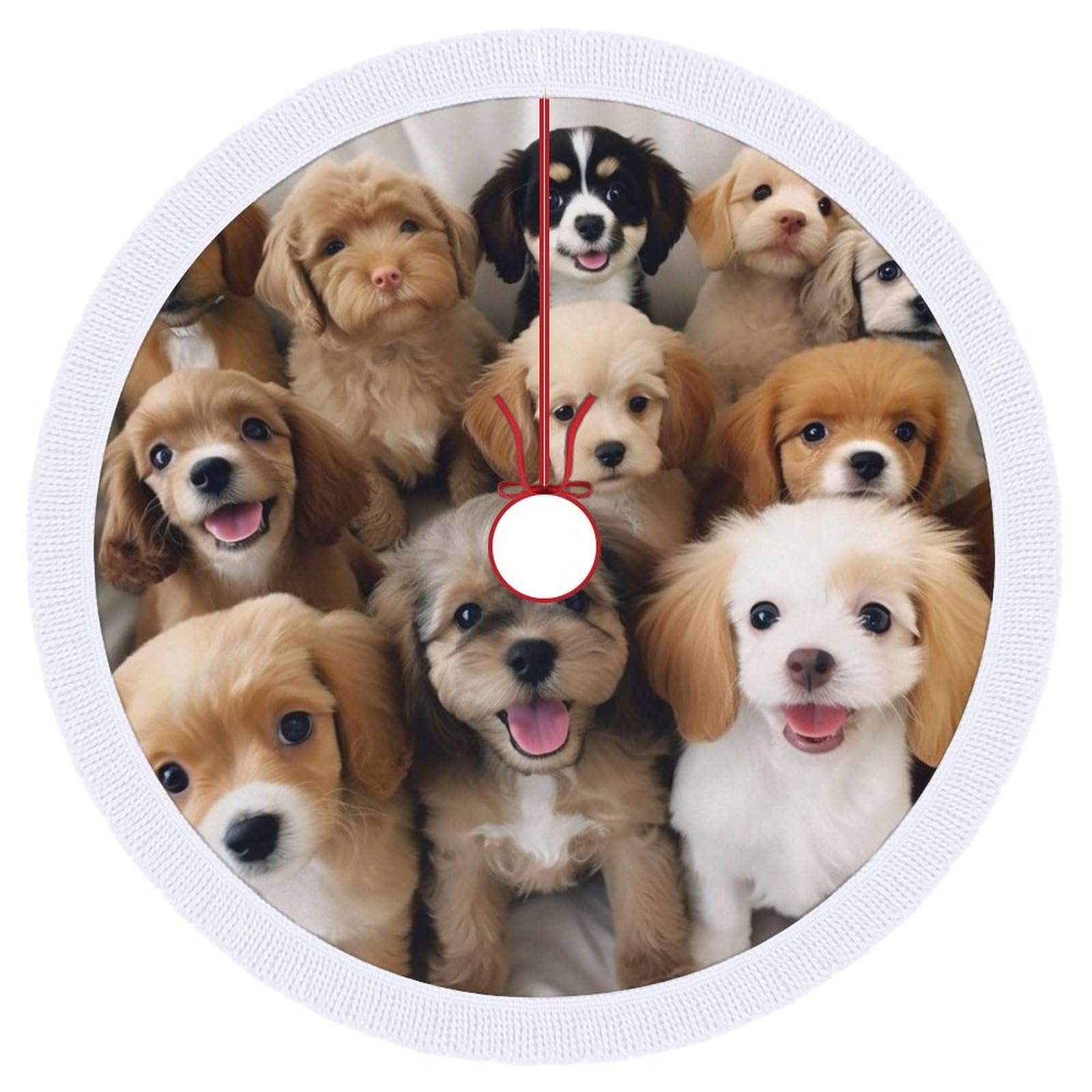 Jupe de sapin de Noël chiens mignons à pompons double couche pour décoration festive de 122 cm