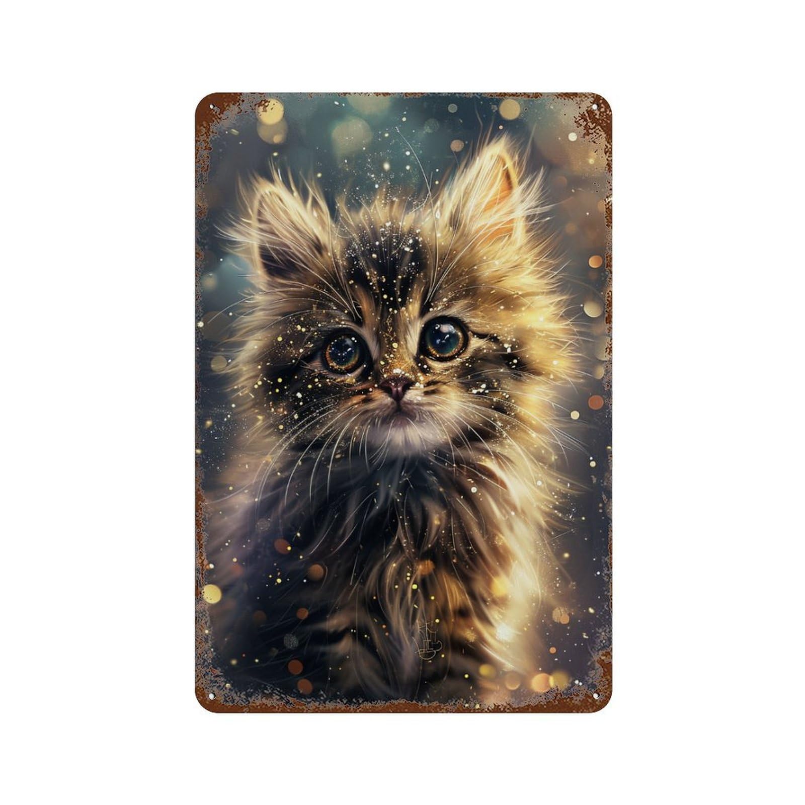 Magical Glittering Kitten Weathered Tin Sign 11.8"x7.9", Industrial Home Decor for Basement, Hobby Room And Garage Decor