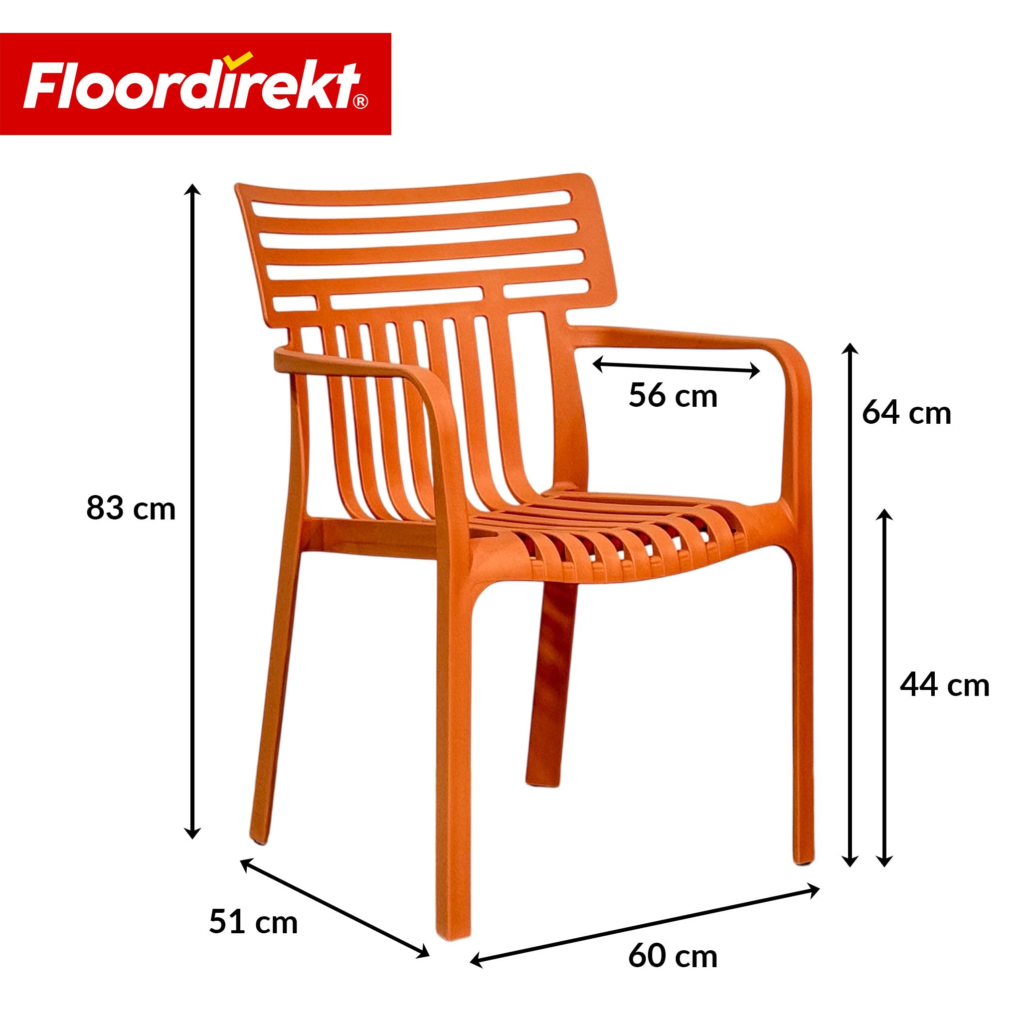 Floordirekt Silla de jardín Sitwell con reposabrazos - silla de diseño apilable, naranja, resistente a la intemperie y a los rayos UV, soporta hasta 200 kg, para balcón, terraza y jardín