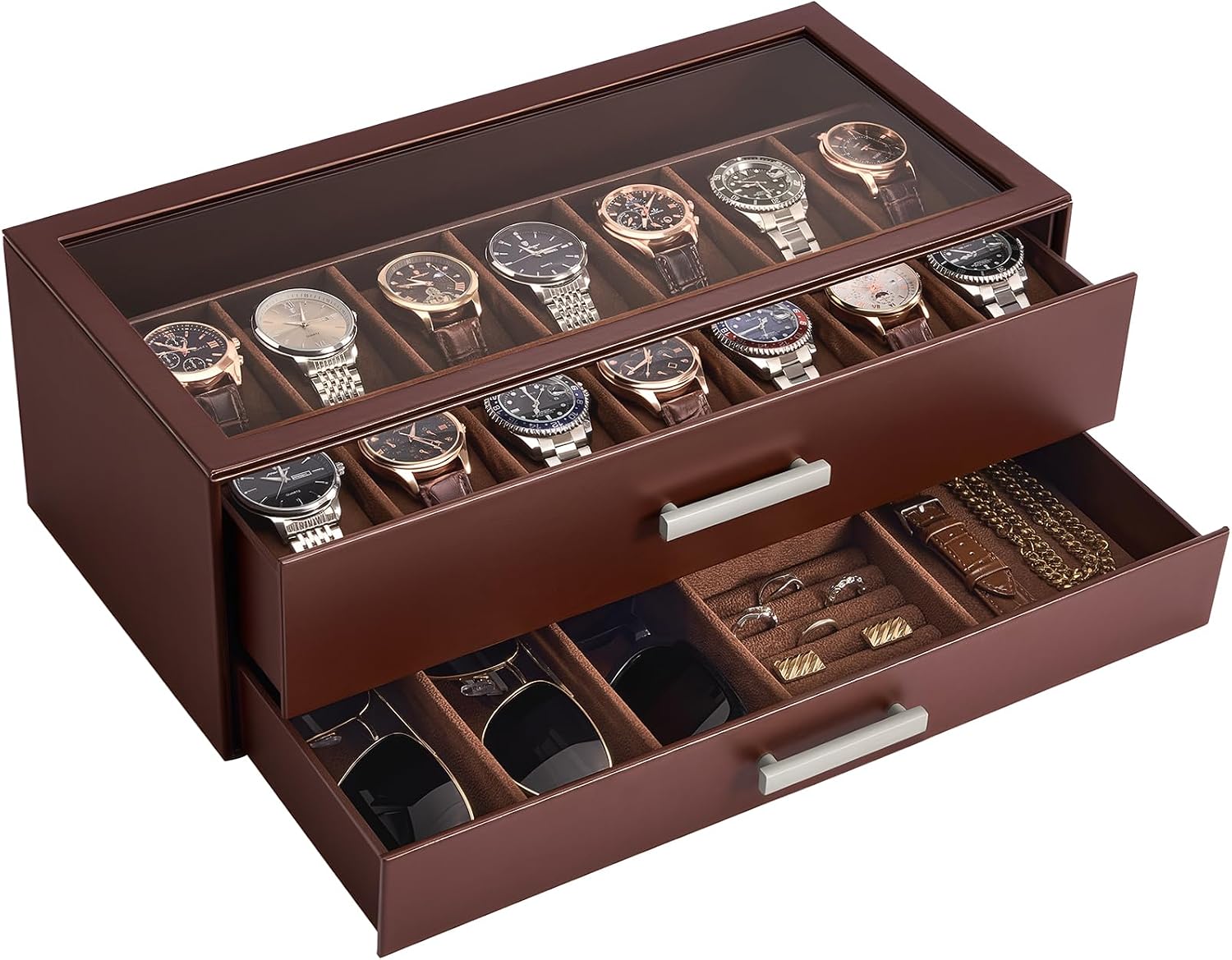 ProCase 14-Slot Watch Case for Men, 2-Tier Pull-Out Drawers Box -Espresso