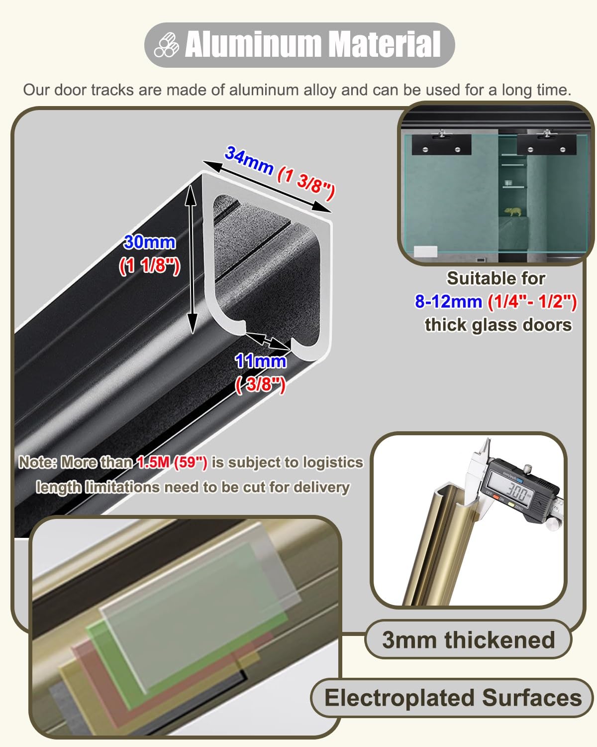 Kit de rieles para Puertas corredizas de Vidrio de 60 Pulgadas - Herrajes de derivación para Montaje en Pared con Juego de poleas de Rodillos de Aluminio para Puertas empotradas - Fácil inst