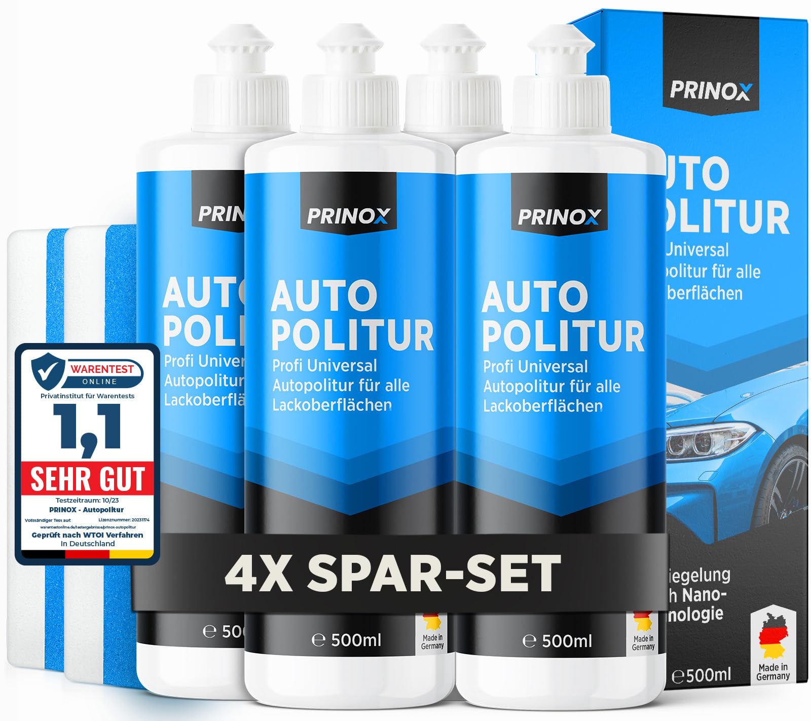 PRINOX 4x Profi Autopolitur 500ml inkl. Polierschwamm für alle Lacke - Schwarz, Weiß, Buntlacke, Metalliclacke I Auto Politur mit Nanoversiegelung zum Kratzer entfernen - Made in DE