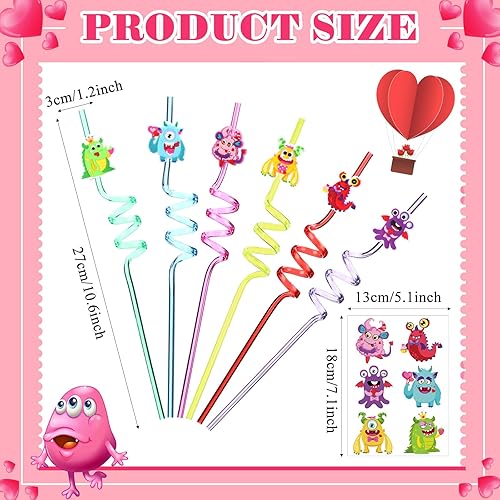 Miniatura 2 de Outus 48 popotes de plástico de monstruo para niños, calcomanías reutilizables para bebidas de cóctel con decoración de dibujos animados para niños