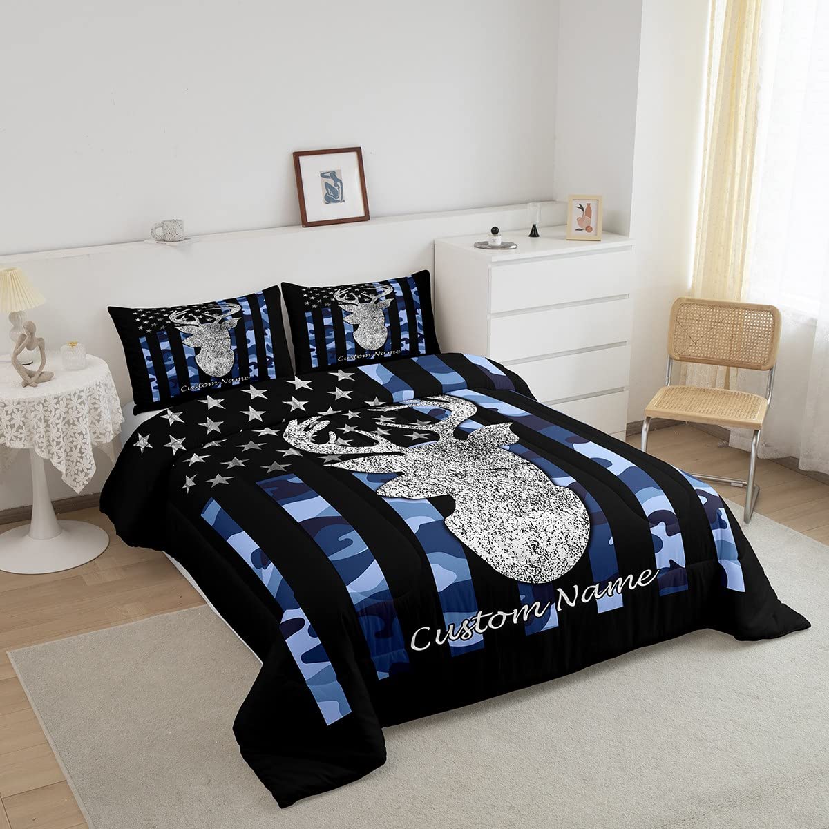 Custom Name Deer Hunting Comforter Set King – Blue Camo American Flag Bedding With Antlers, 3-Piece
