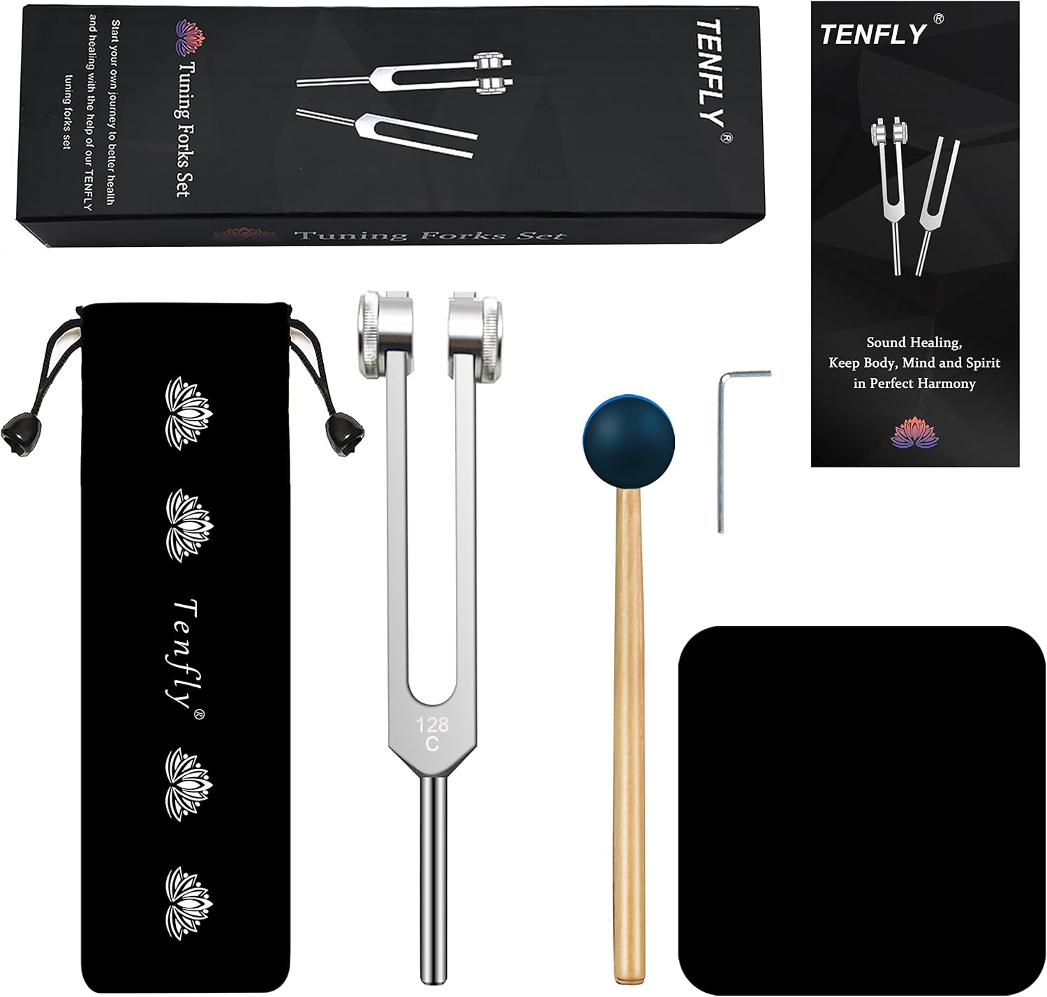 128 Hz Tuning Fork Weights Aluminum Clinical Grade Nerve/Sensory with Black Silicone Hammer, Cleaning Cloth and Felt Case, Non-Magnetic Aluminum Alloy