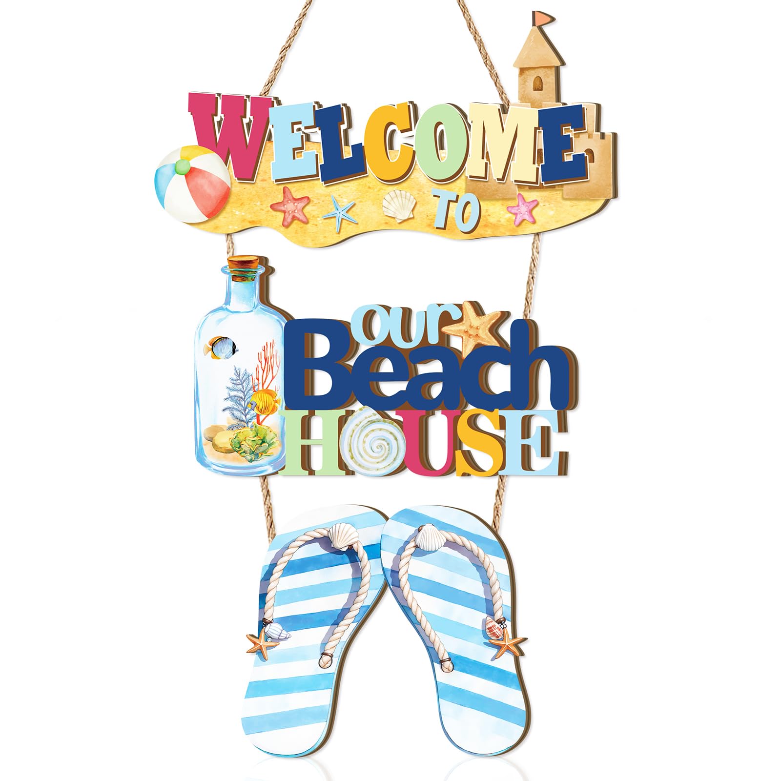 ANHUIB Beach House Welcome Sign Welcome to Our Beach House Wooden Sign Summer Wood Hanging Decorations Home Summer Beach Themed Wall Plaque for Front Door Porch Coastal Home Holiday Cabin Decoration