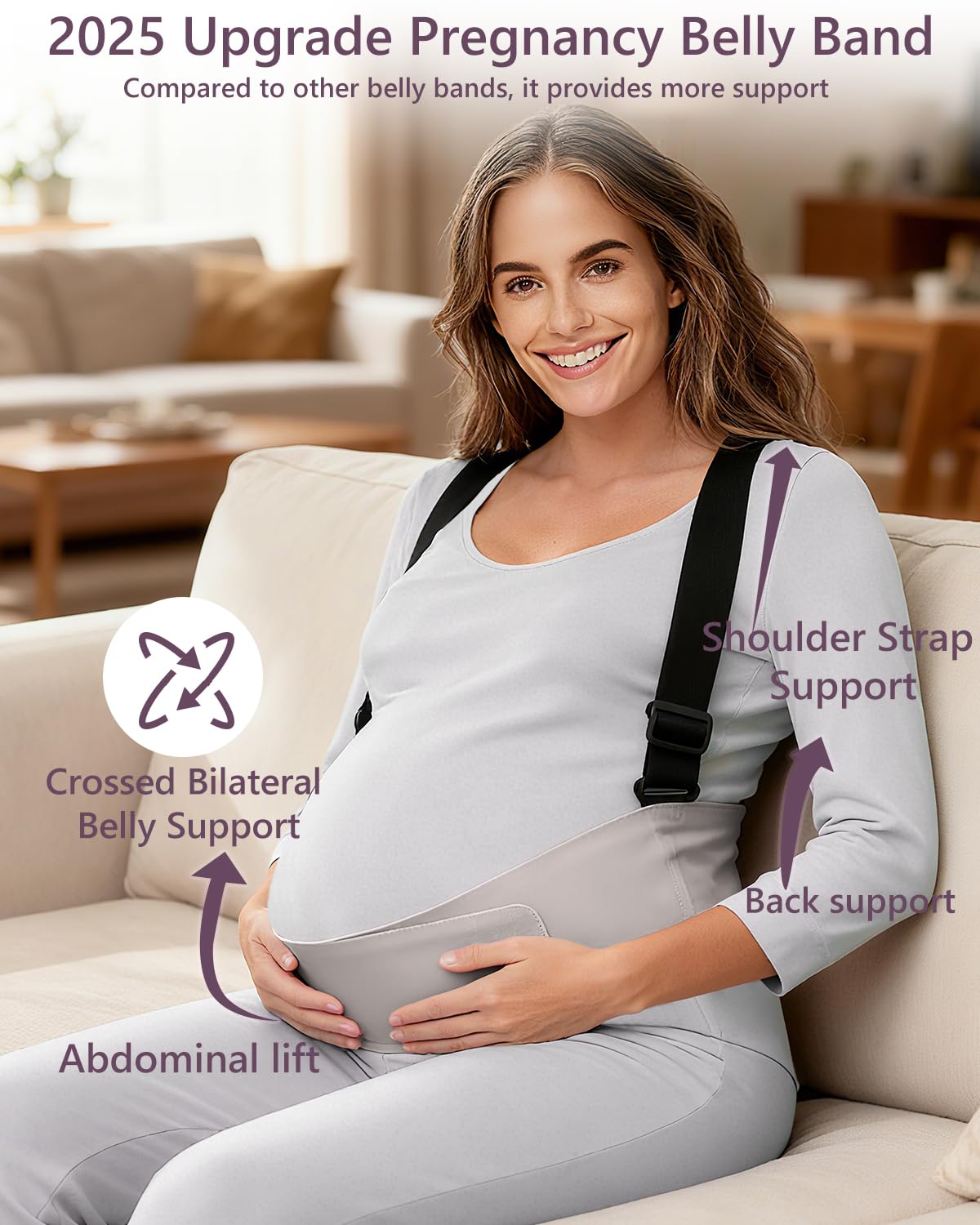 Belly Bands for Pregnant Women, Belt Pregnancy Belly Support Band Adjustable, Maternity Belt with Back Brace Straps, Pelvic Support, Comfortable, Highly Resilient (Gray-Medium) - Image 2