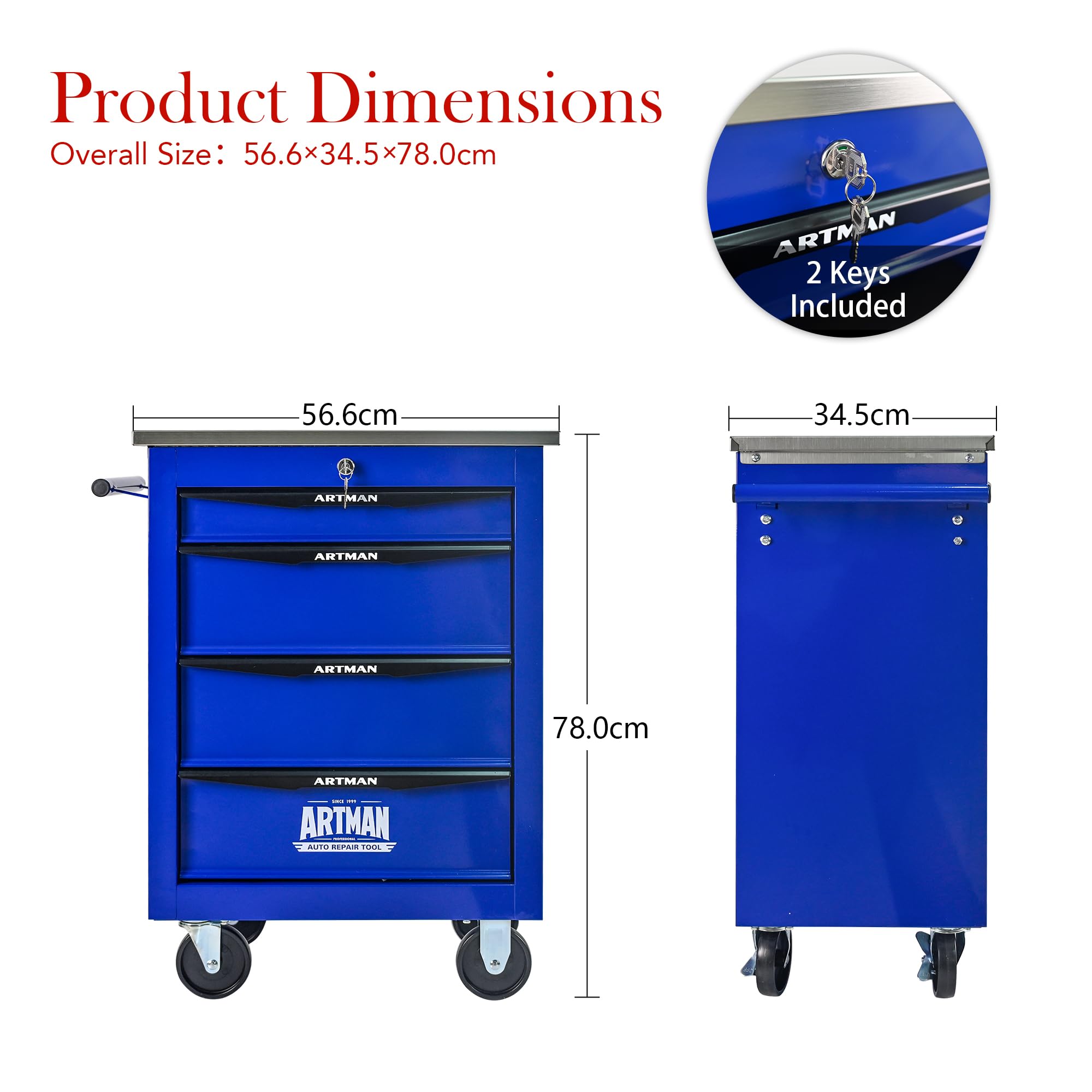 Generisch Carrello portautensili a 4 cassetti, con ruote e cassetti, 15 kg per cassetto, struttura in acciaio, verniciato a polvere, piano di lavoro e ganci, per garage/officina