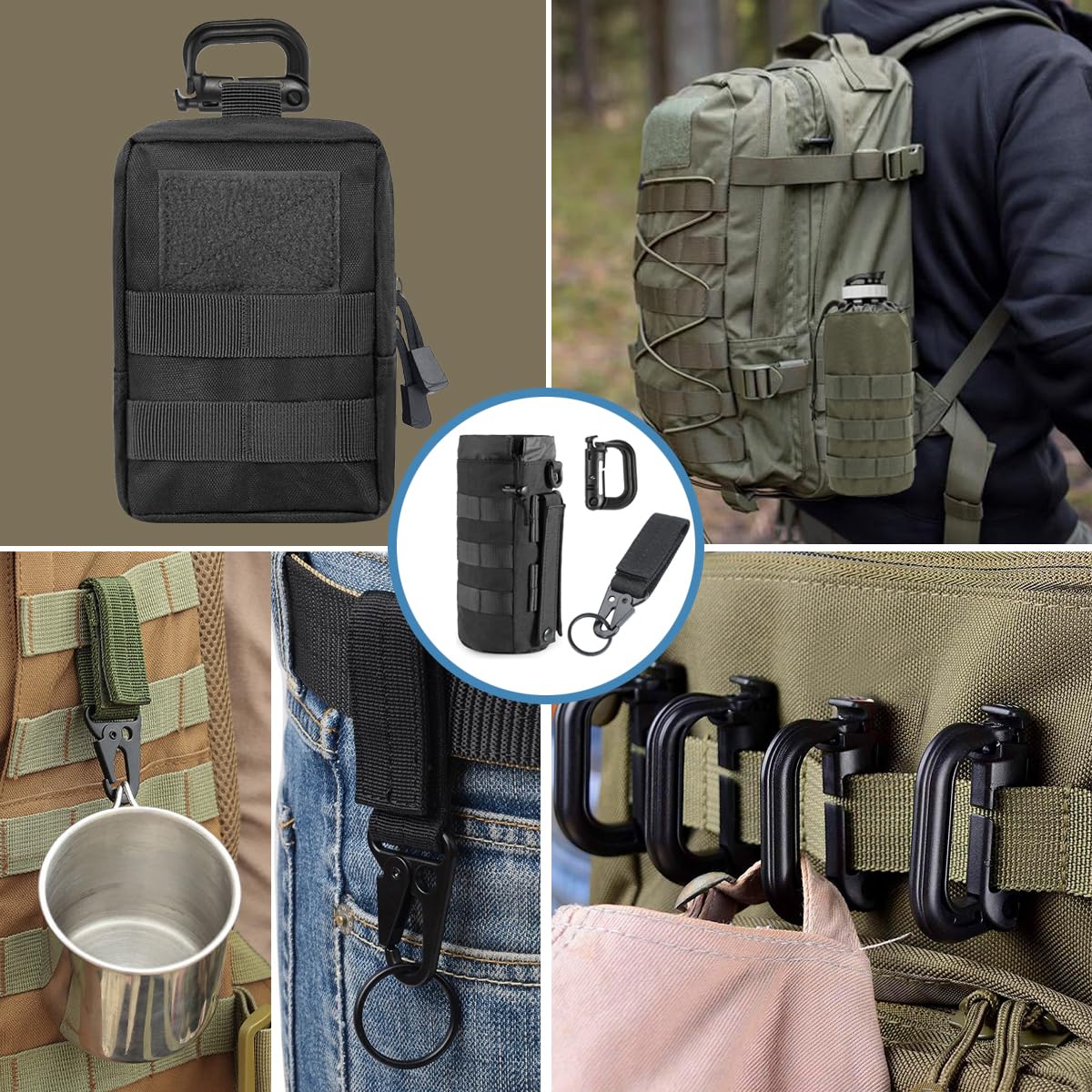 MUCHER 3 Pack Molle Tasche Taktische Hüfttaschen EDC Utility Bauchtasche Hüfttasche mit 3 Haken und Schlüsselanhänger für Outdoor Wandern Jagdcamping Training