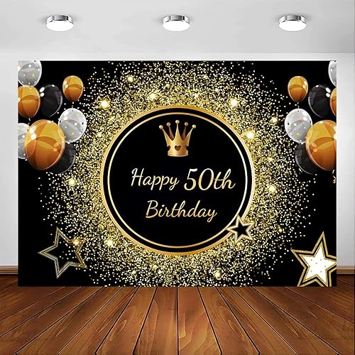 Miniatura 6 de Telón de fondo de feliz cumpleaños 50 de 7 x 5 pies, poliéster negro y dorado con purpurina Bokeh, corona de fondo para fotografía, reina de 50