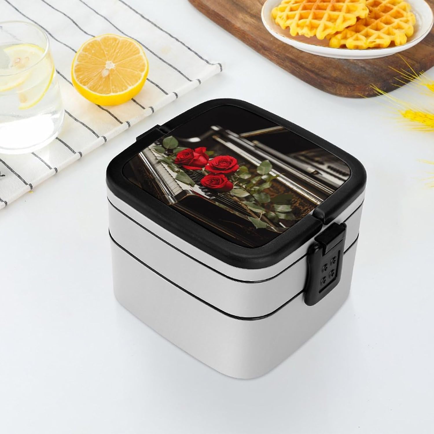 Bento Lunch Box for Adults Stackable Lunch Container Red Rose on Piano Printed Square 2 Layer Cute Kawaii Bento Box Container for Men Women