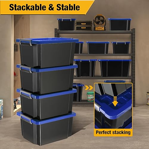 Miniatura 5 de V12 - Contenedores pequeños de almacenamiento resistentes de 7 galones con tapas de cierre, contenedores apilables de plástico resistente con asas