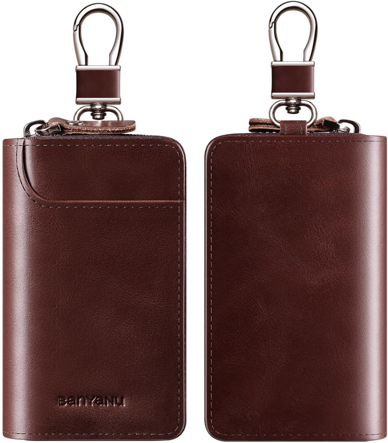 Car Key Case for Men and Women, Apricot Genuine Leather Card Holder Wallet Keys Pouch Organizer Bag with 6 Keychain Hooks, 3 Cards Slot (Apricot w/Keychain)