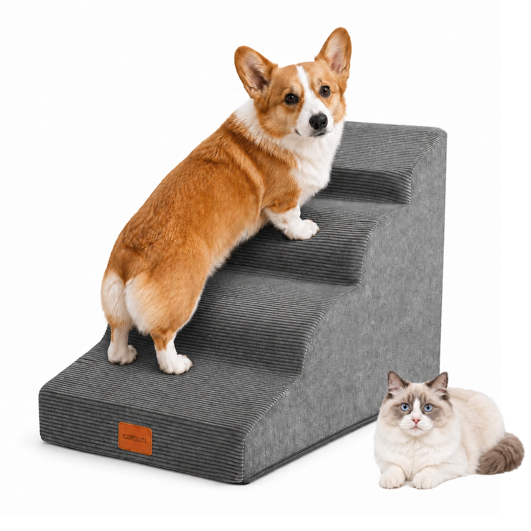 Dog Stairs for Small Dogs and Cats, 19.7" H, 4-Step Curved Pet Ramp for Beds or Couches, Non-Slip Medium Pet Steps with High Density Foam, Grey