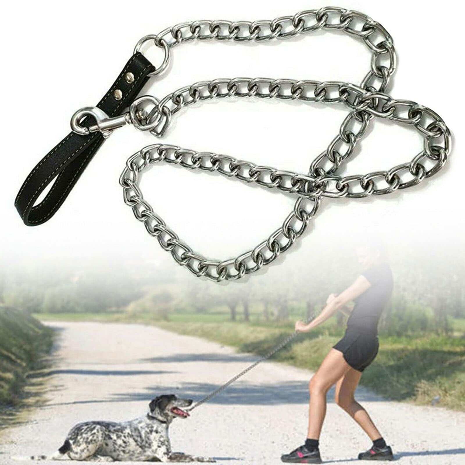 Correa retráctil para perros Cadena de metal resistente Correa para perros con mango de cuero Correa de control larga y fuerte Cuerda de tracción para mascotas al aire libre Cadena antimordida (Colo
