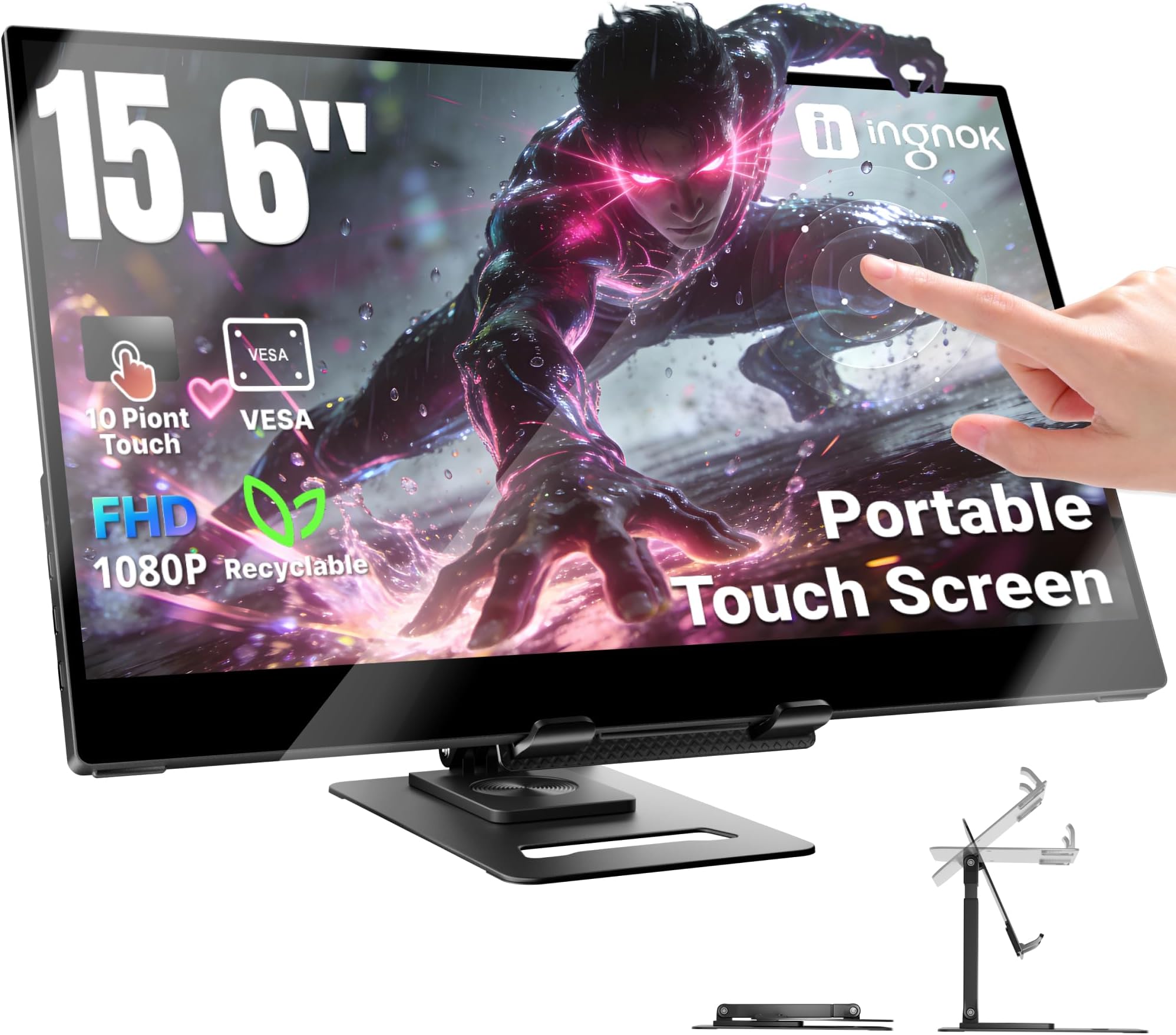 Ingnok Portable Monitor Touchscreen 15.6" FHD 10-Point Touch Screen Monitor W/Vesa & 360° Kickstand, 1200:1 USB-C Mini HDMI Ultra-Thin Travel Monitors for Laptop/PC/Macbook/Phone: image 1 of 8