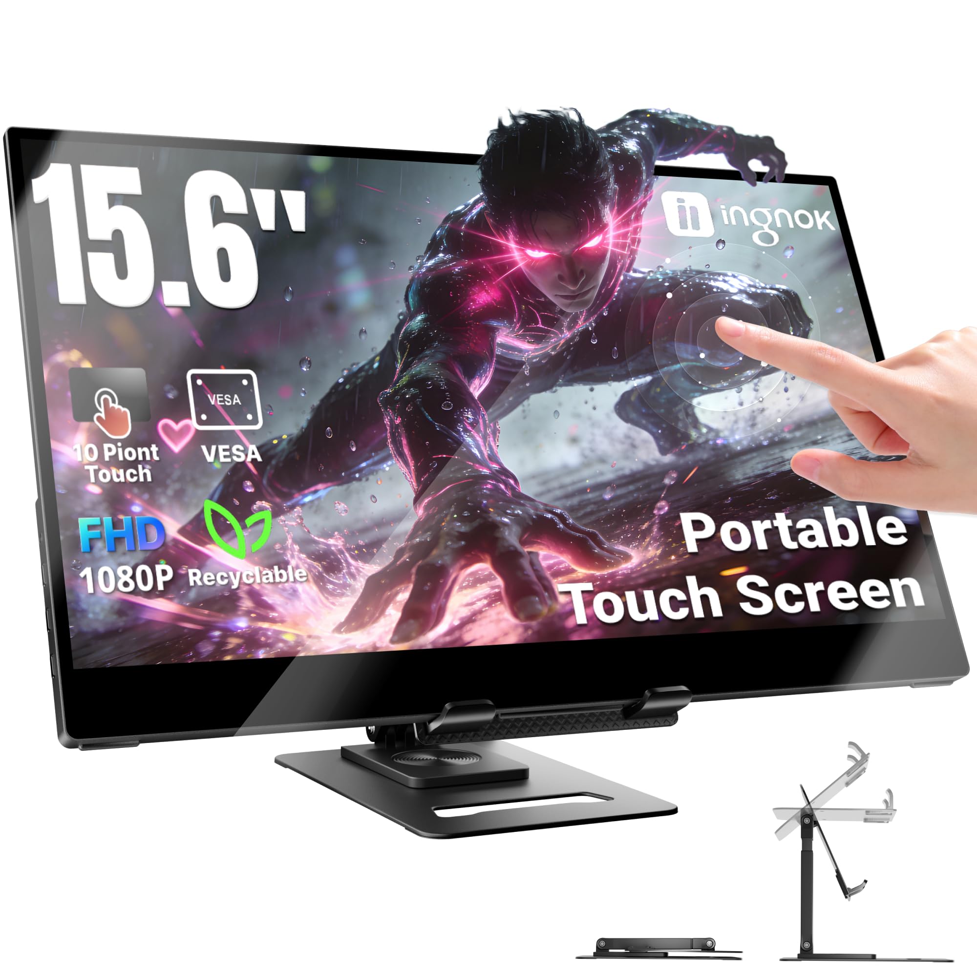 Ingnok Portable Monitor Touchscreen 15.6" FHD 10-Point Touch Screen Monitor W/Vesa & 360° Kickstand, 1200:1 USB-C Mini HDMI Ultra-Thin Travel Monitors for Laptop/PC/Macbook/Phone