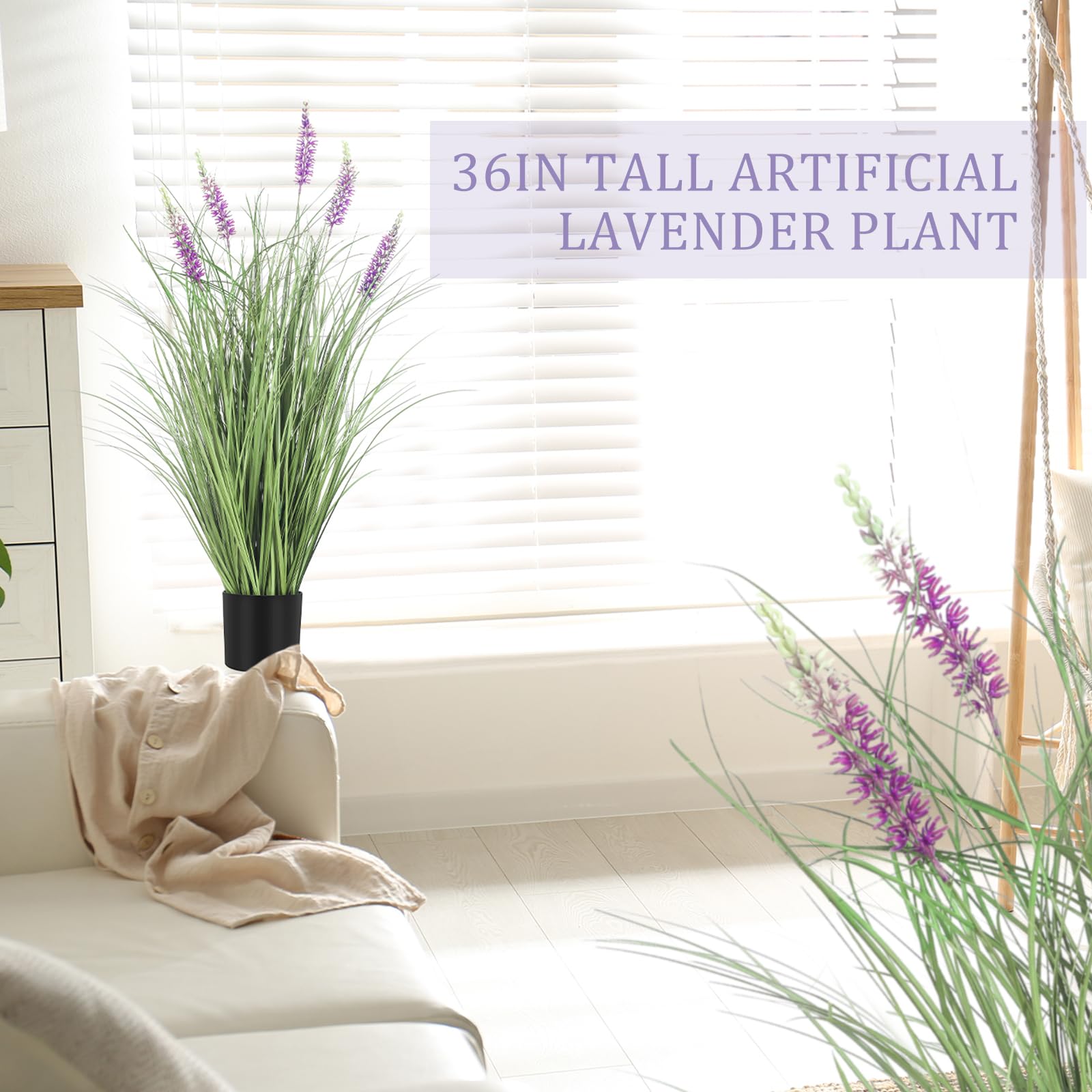 Jexine Lot de 6 plantes artificielles d'extérieur de 0,9 m de haut - Lavande artificielle en pot - Fleurs de sol artificielles pour pendaison de crémaillère, jardin, salle de bain, hall extérieur