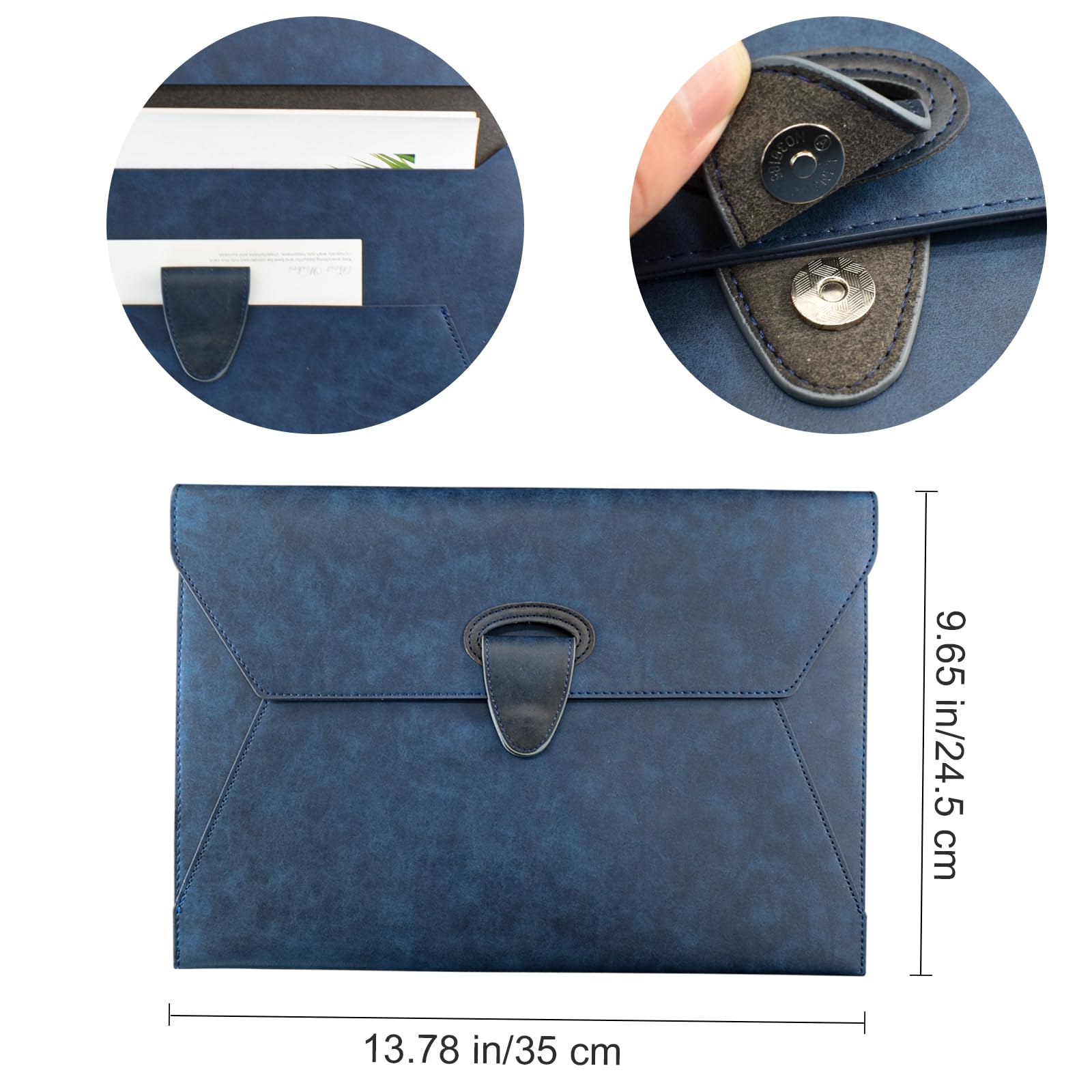 VANRA Carpeta organizadora de documentos de piel sintética, impermeable, con 2 bolsillos, carpeta A4 con cierre magnético de botón a presión (azul marino)