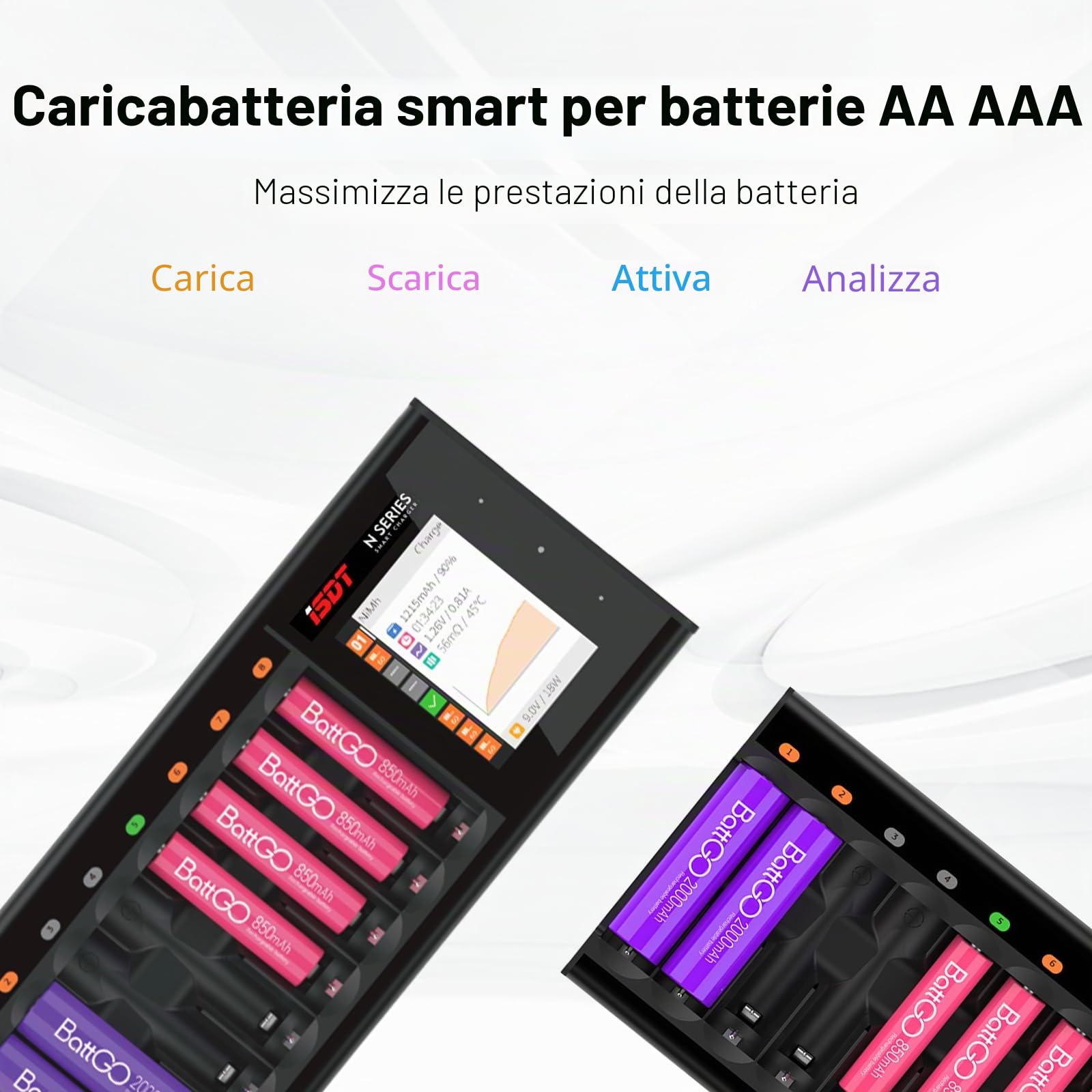 ISDT N8, caricabatterie veloce a 8 slot con display LCD, uscita di tipo C QC3.0, caricabatterie ricaricabile per AA AAA Li-lon LiHv Ni-MH Ni-Cd LiFePO4