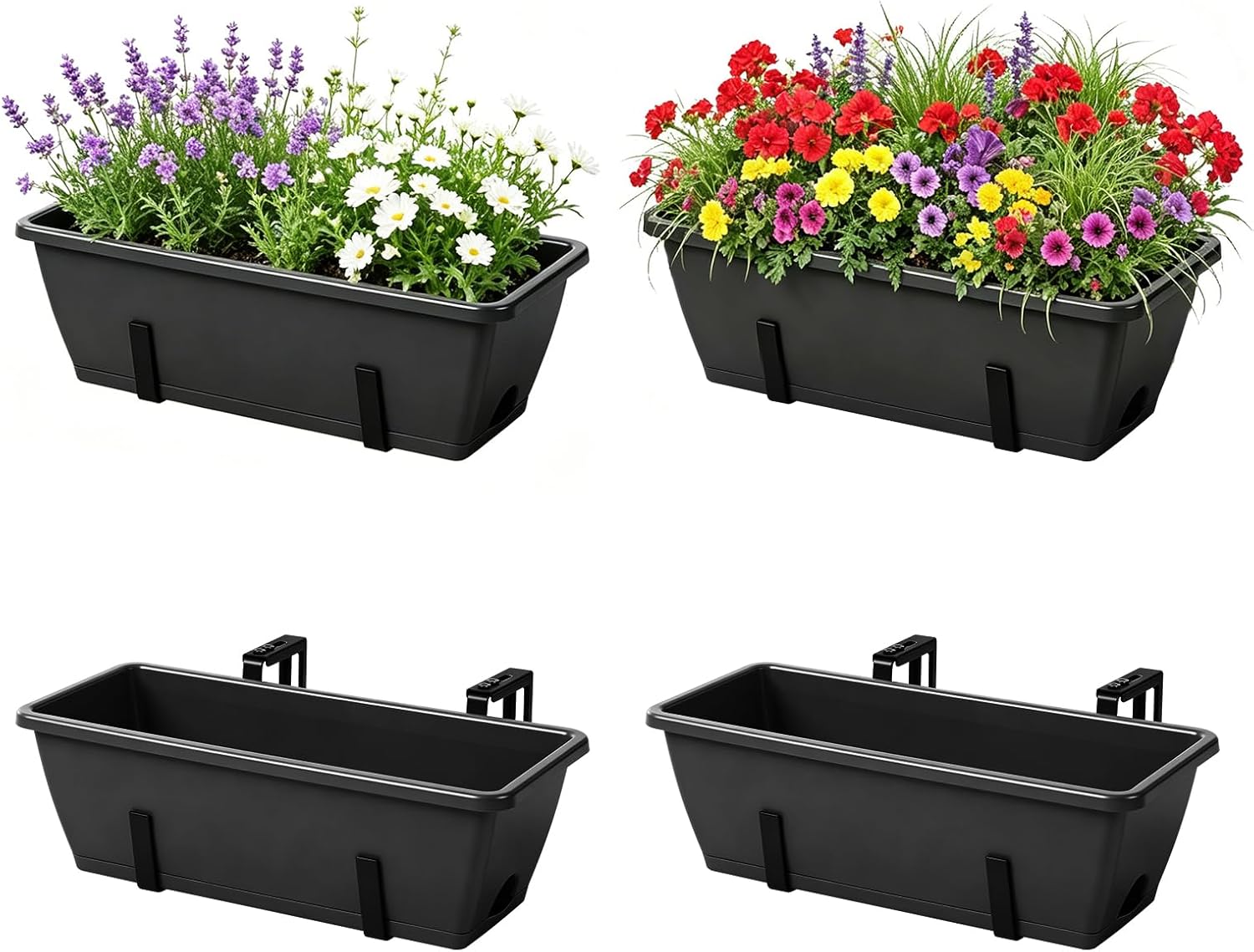 OYEAL Railing Planter Box 4 Pack Window Boxes Planters with Adjustable Brackets 17 Inch Hanging Planters for Outdoor Plants Flower Boxes for Balcony Fence Deck Railing Porch Over Rail, Black