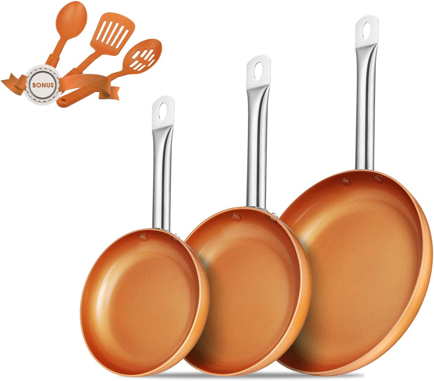 6-Pack Nonstick Frying Pan Set ,Heating Even Copper Skillet Set ,Induction Gas stove Dishwasher Compatible，Professional Kitchen Cookware Set，for Saute Egg, Steaks - 8/9.5/11 inch