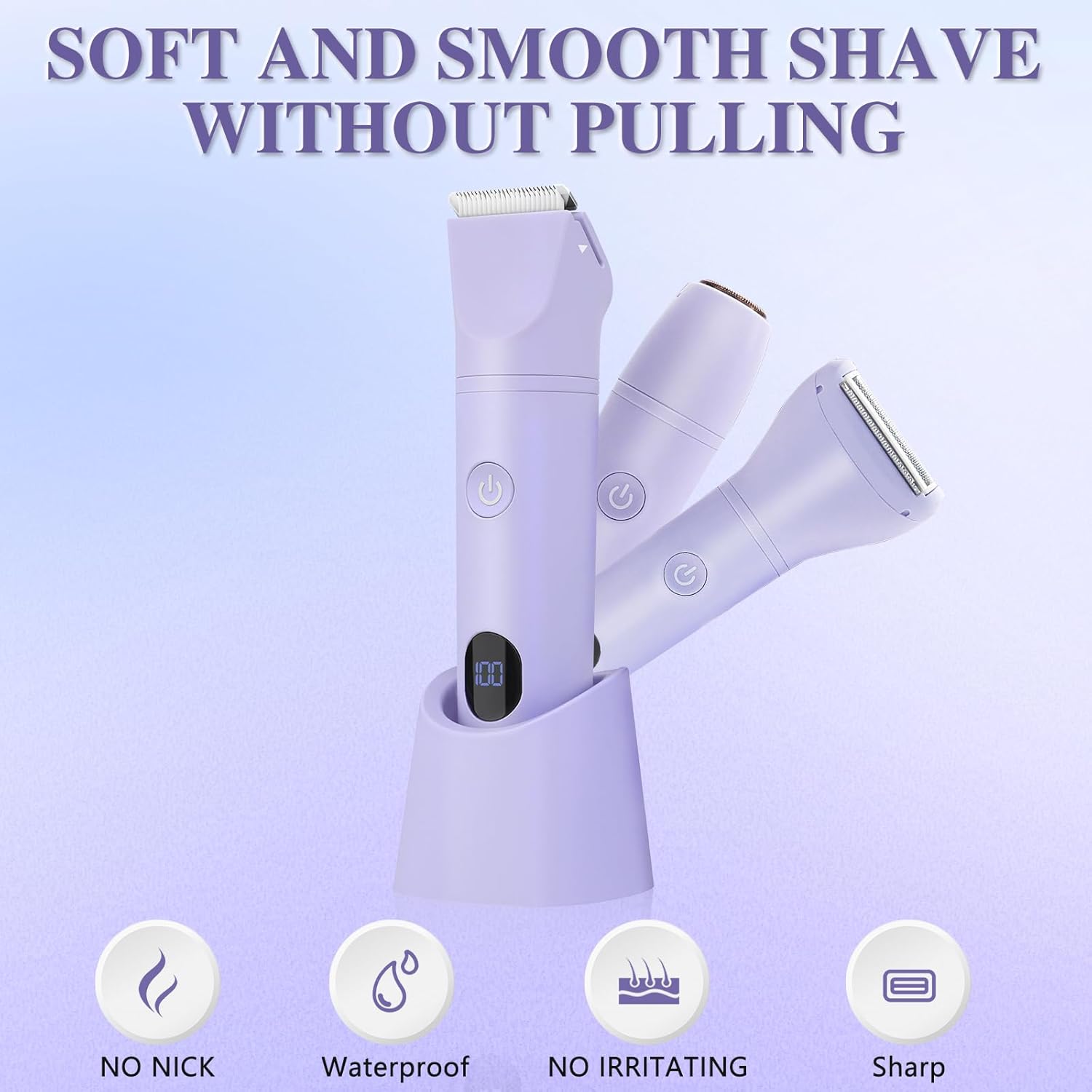 3-in-1 Bikini Trimmer for Women, IPX7 Waterproof Electric Shaver for Women-Rechargeable Electric Razors for Pubic, Facial & Body Hair Trimmer with LED Display, Travel Kit & Painless Blades (Purple) - Image 6